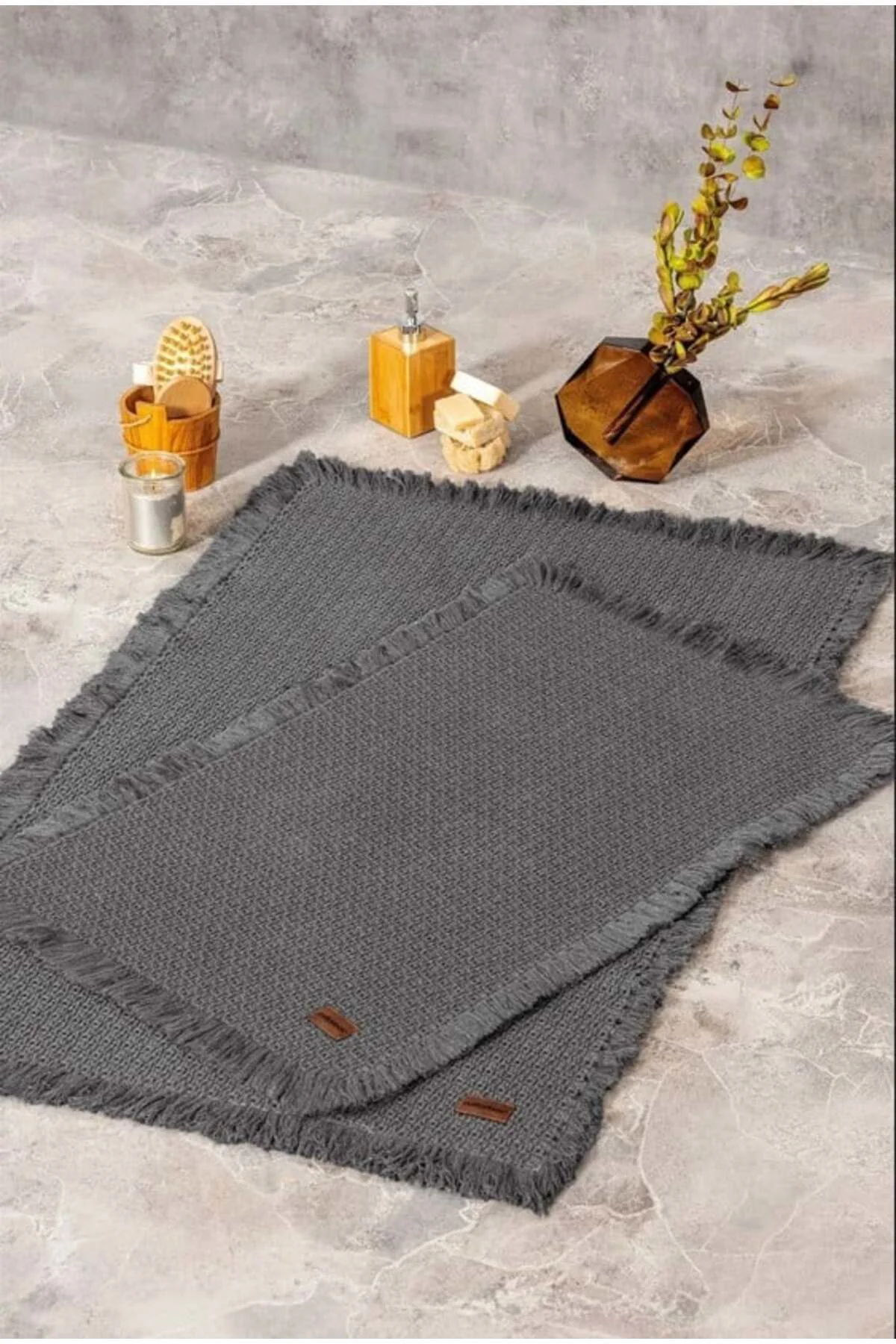 Bath Rug Set Antrasit 2'li 75x125 60x90