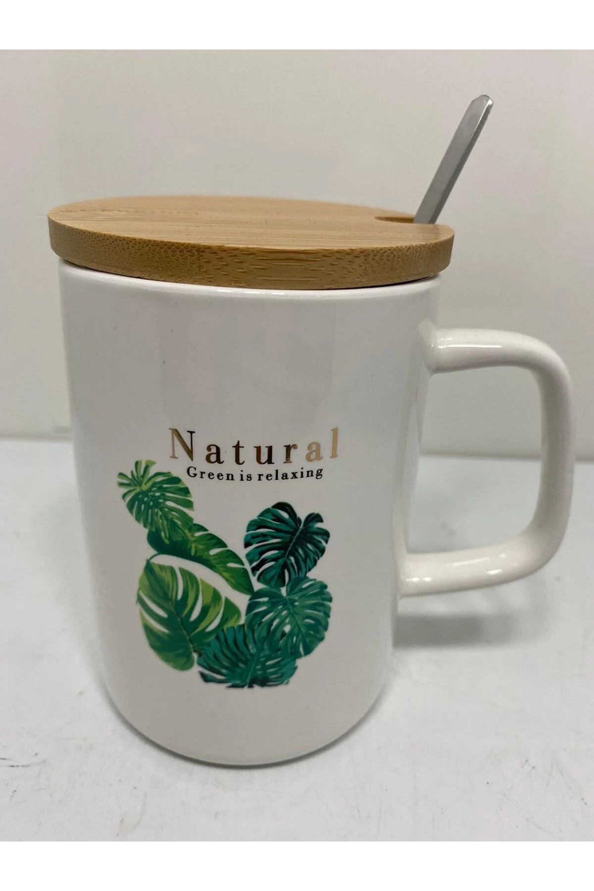 Batido - Bambu Kapaklı Porselen Kupa Yaprak