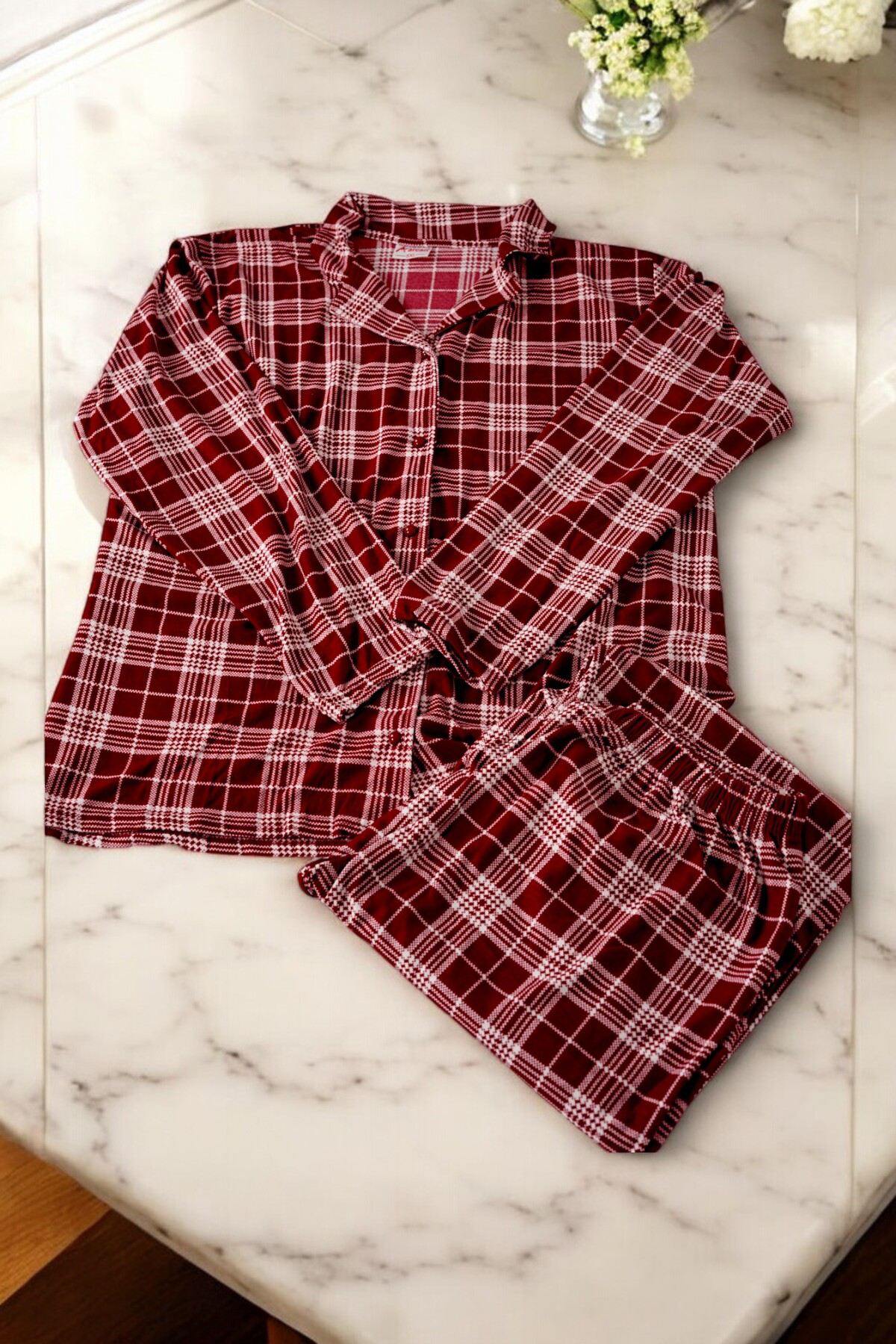 Battal Süet Düğmeli Uzunkol Pijama Takımı