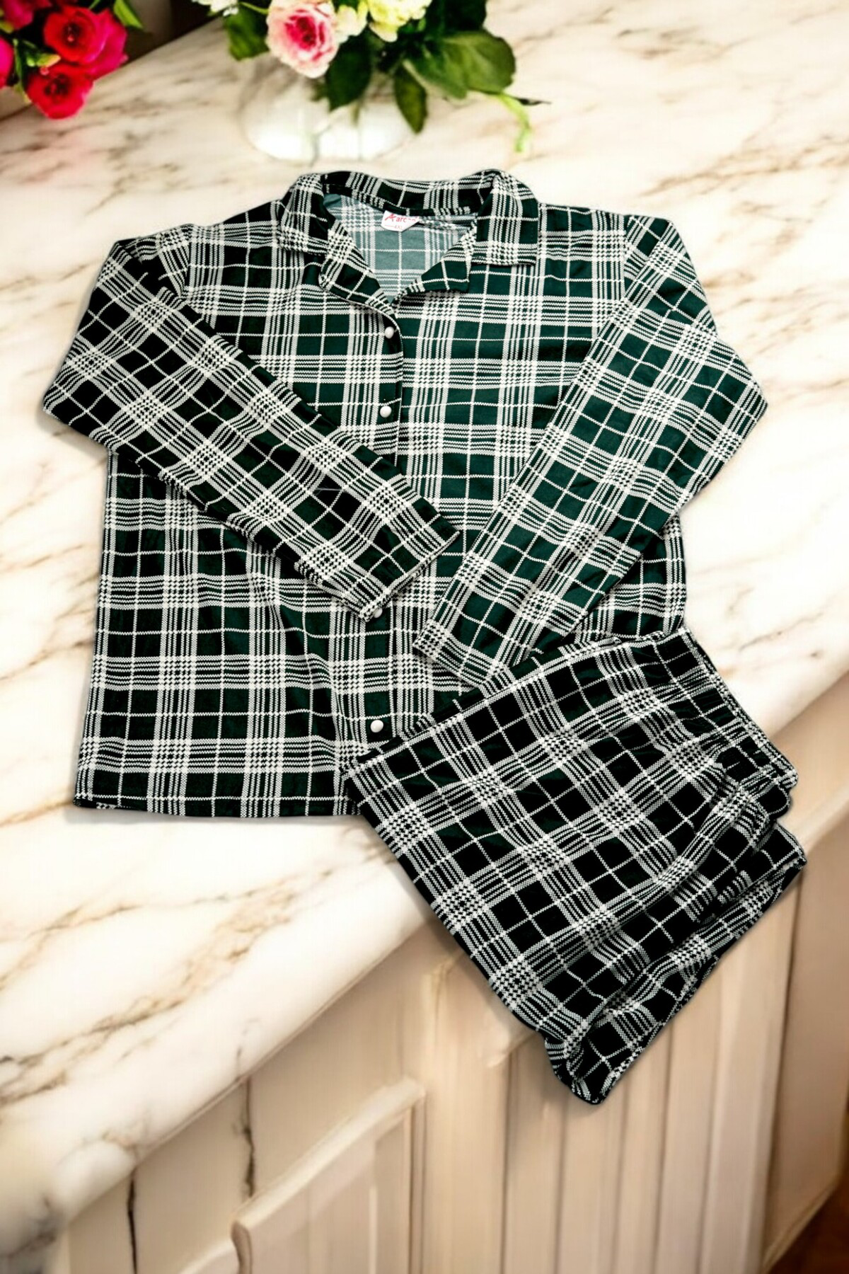 Battal Süet Düğmeli Uzunkol Pijama Takımı