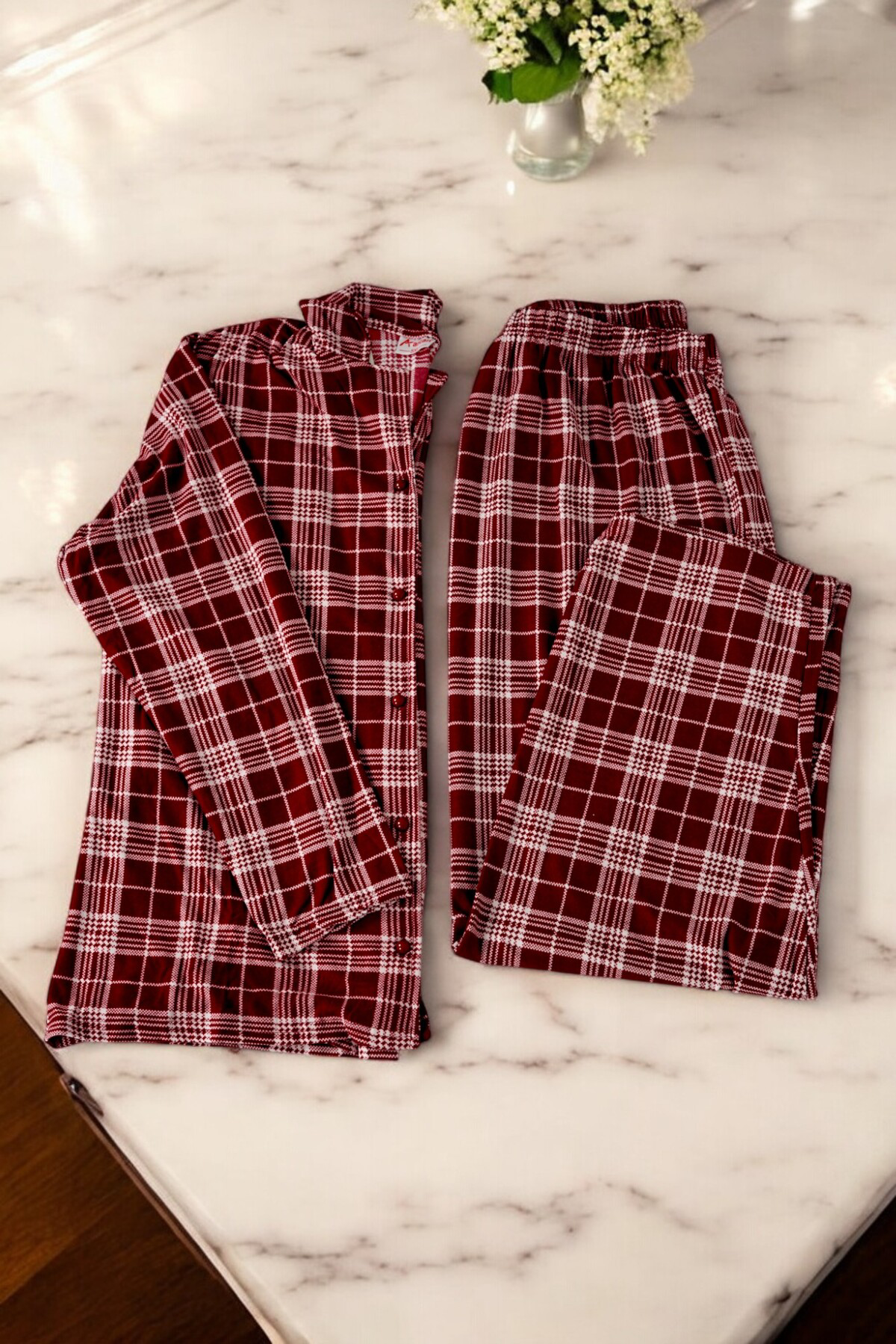 Battal Süet Düğmeli Uzunkol Pijama Takımı