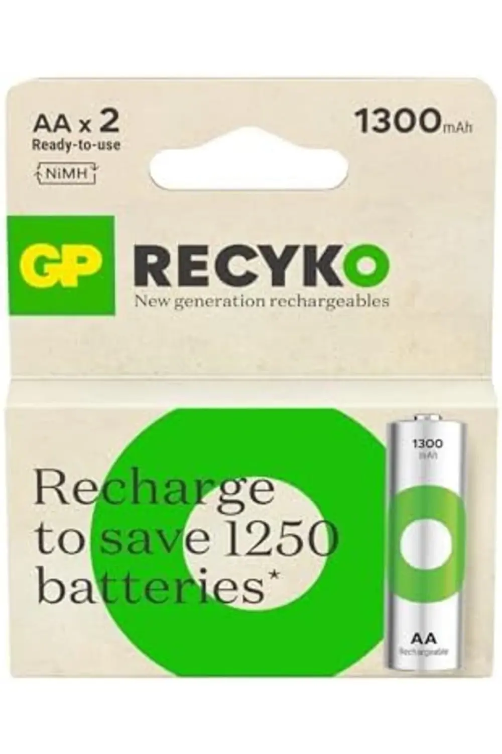 Batteries ReCyko 1300 AA Kalem Ni-MH Şarjlı Pil, 1.2 Volt, 2'li K