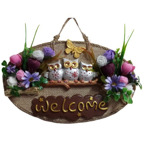 Baykuş Ailesi Welcome Yazılı Kapı Süsü Baykuş Ailesi Welcome Yazılı Kapı Süsü