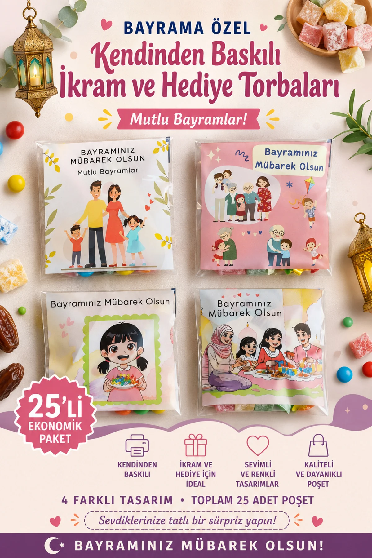 Bayrama Özel Kendinden Baskılı İkram Şeker ve Hediye Poşeti Şeffa