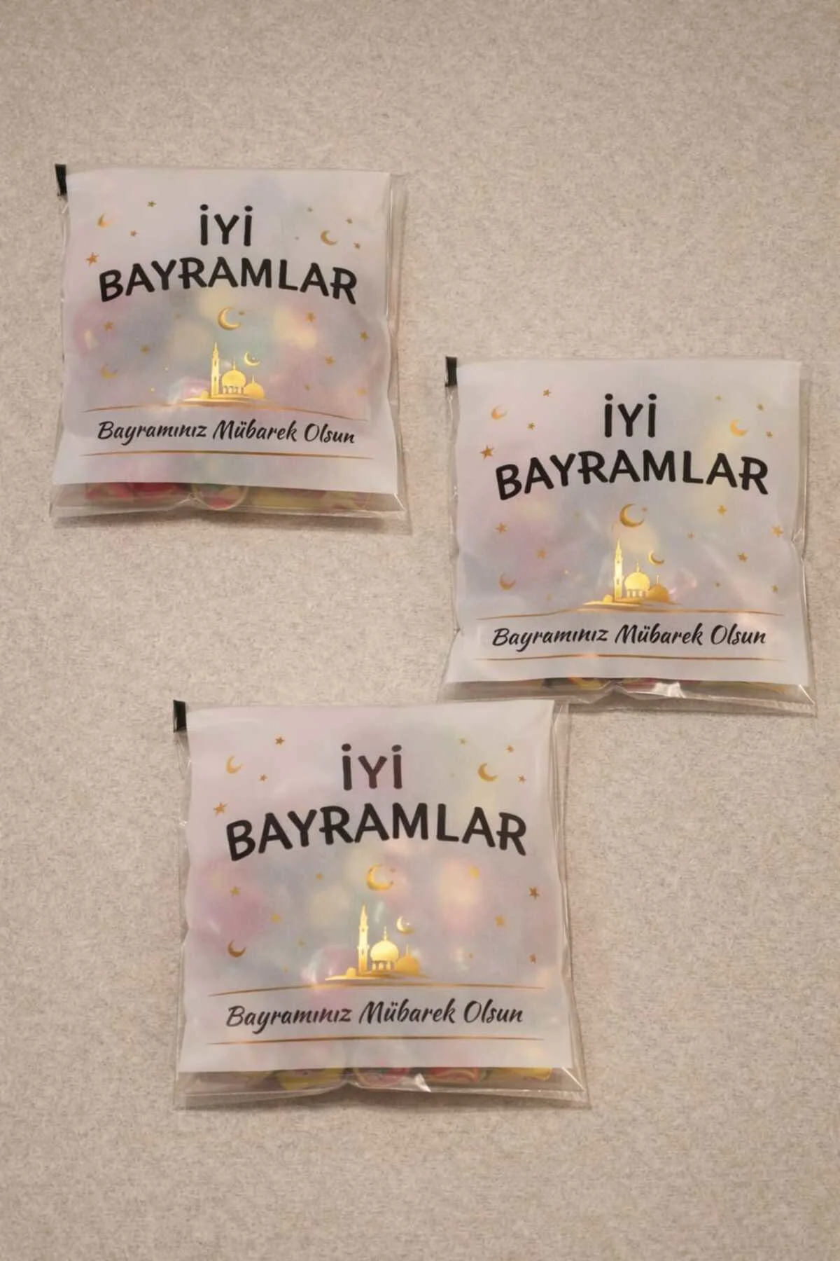 BAYRAM Özel Baskılı Kendinden Yapışkanlı Hediye Poşeti – 10x10 cm - 50 Adet Karışık Desen