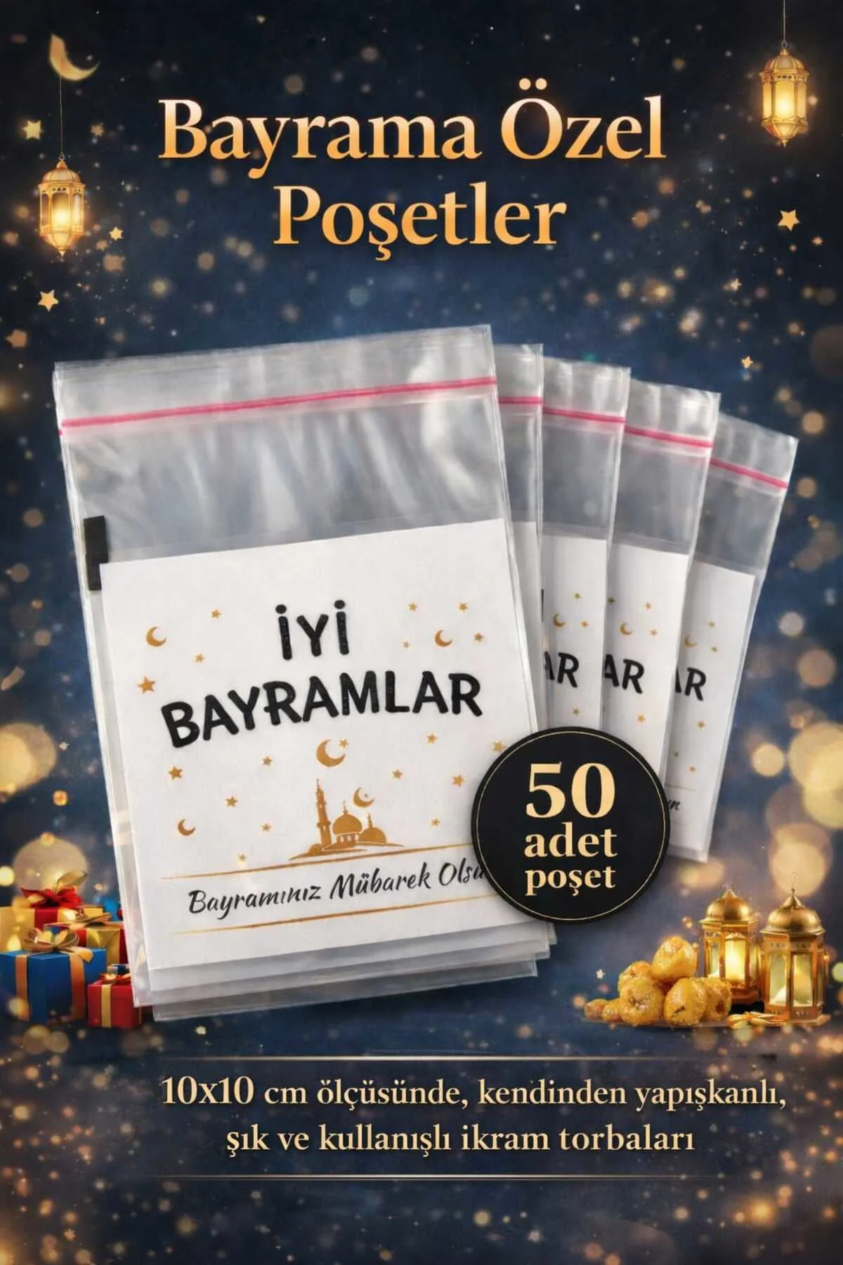 BAYRAM Özel Baskılı Kendinden Yapışkanlı Hediye Poşeti – 10x10 cm - 50 Adet Karışık Desen