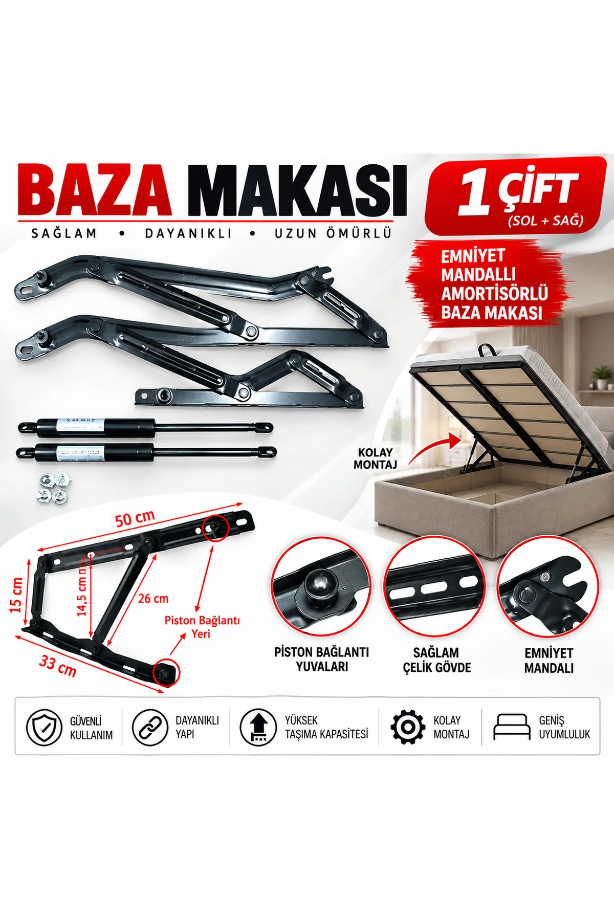 Baza Kapak Makası Gazlı Amartisör Piston 40° Siyah Boyalı Standart Geniş Kollu 1 Çift Yatak Sağ Sol