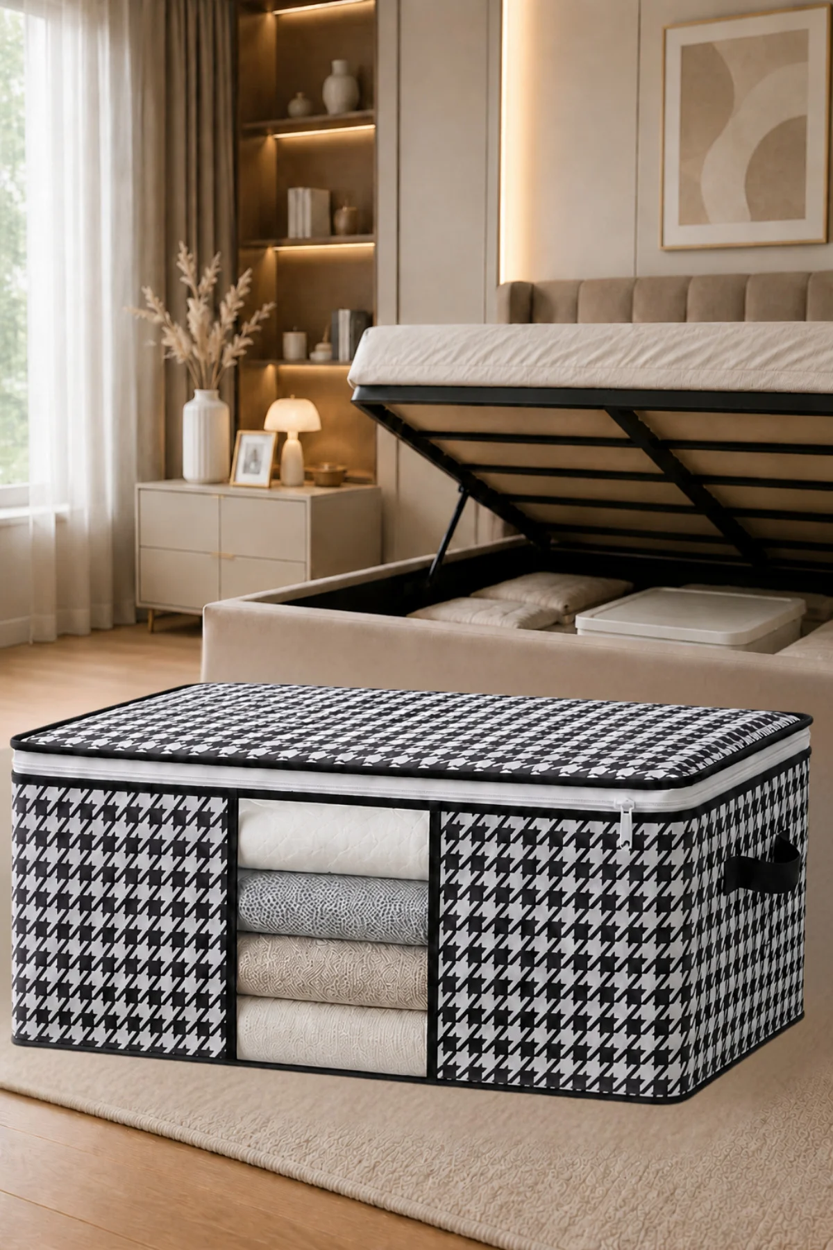 Baza ve Yatak Altı Uyumlu 4 Adet Lüks Pencereli Dolap Düzenleyici Hurç Baza Altı Hurç 64x45x22 cm