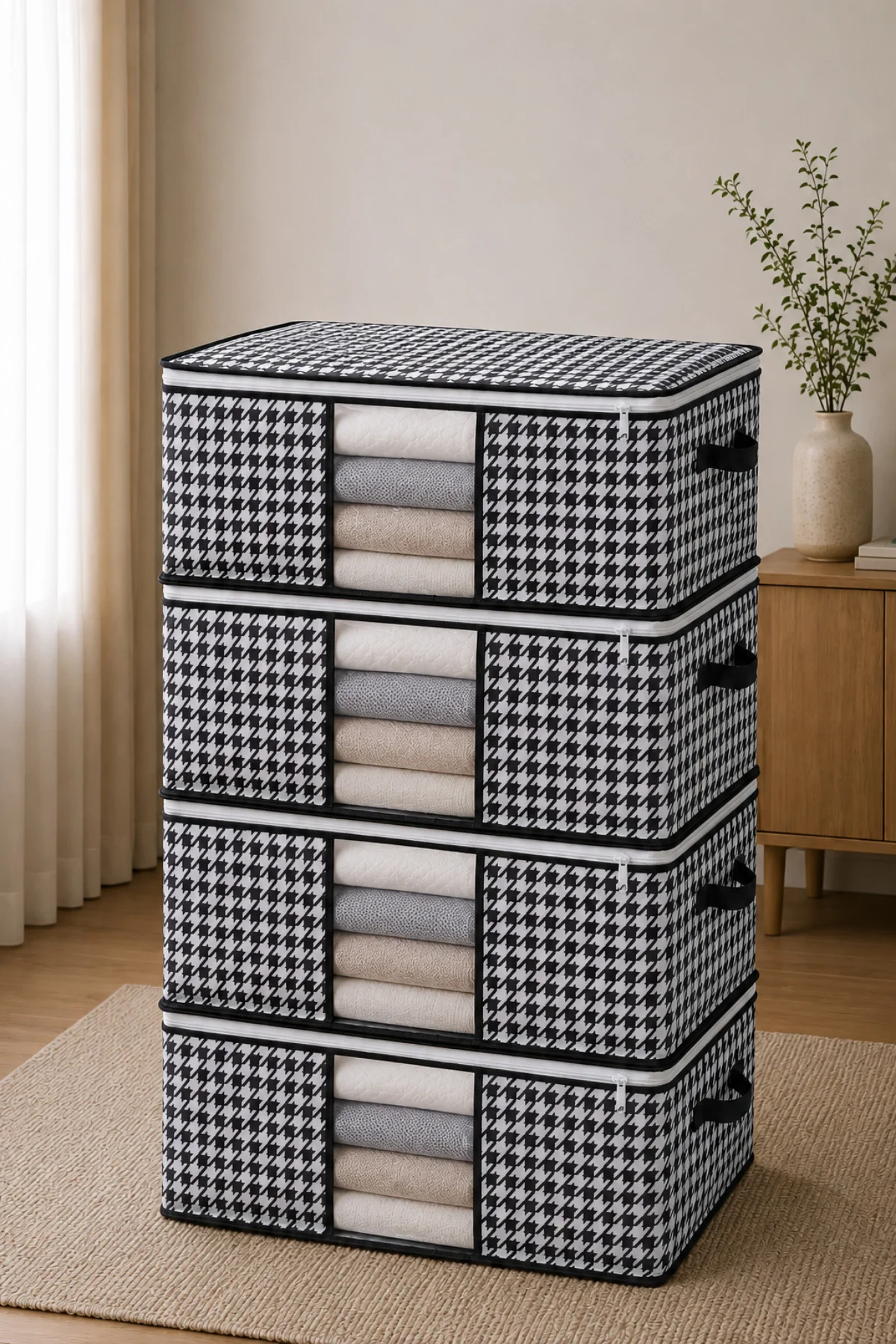 Baza ve Yatak Altı Uyumlu 4 Adet Lüks Pencereli Dolap Düzenleyici Hurç Baza Altı Hurç 64x45x22 cm