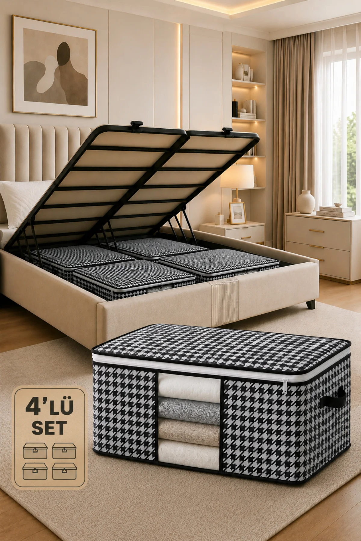 Baza ve Yatak Altı Uyumlu 4 Adet Lüks Pencereli Dolap Düzenleyici Hurç Baza Altı Hurç 64x45x22 cm