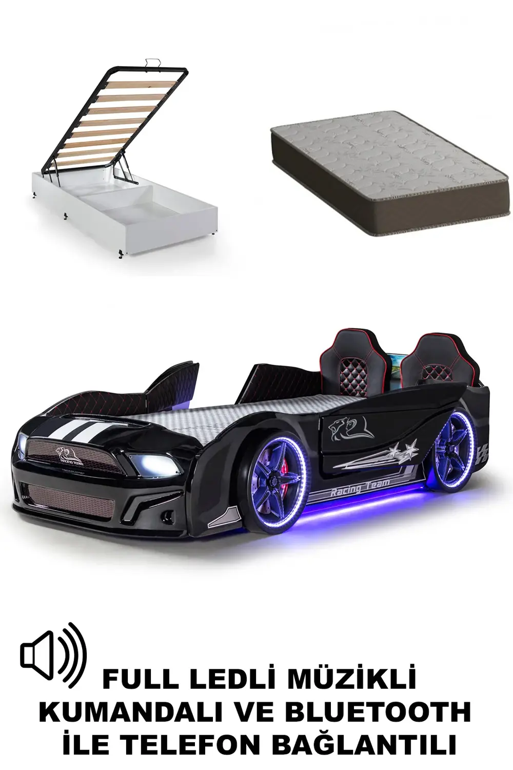 Bazalı Arabalı Yatak Siyah Kapıları Açılan Mustang Full Ledli Kum