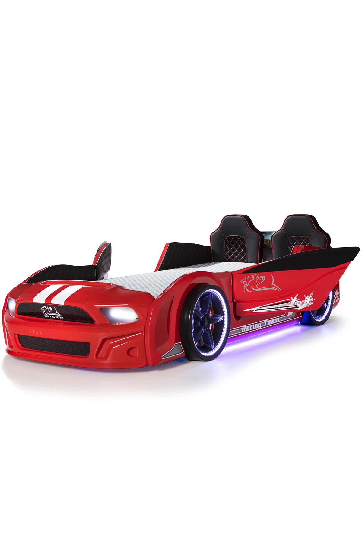 Bazalı Arabalı Yatak Kırmızı Kapıları Açılan Mustang Full Ledli Kumandalı ve Müzikli