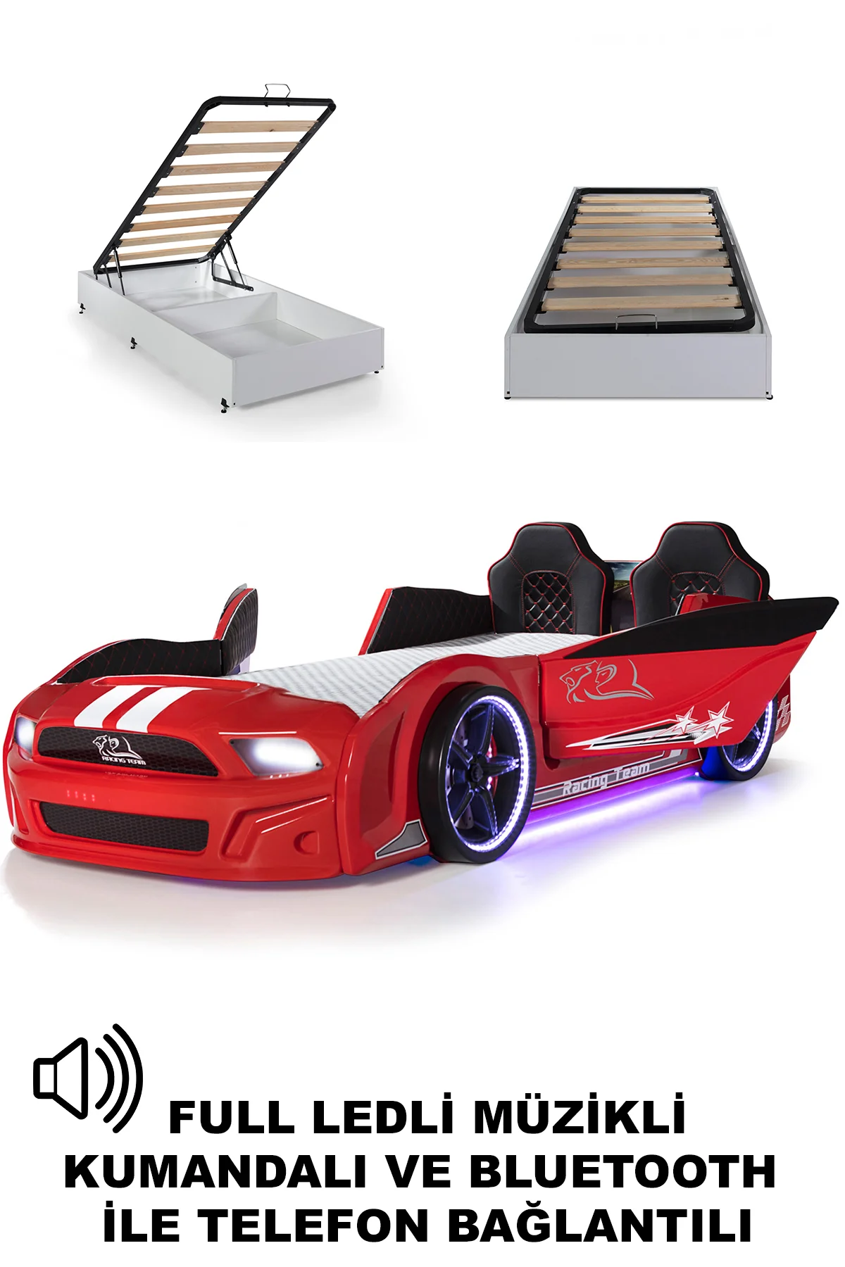 Bazalı Arabalı Yatak Kırmızı Kapıları Açılan Mustang Full Ledli Kumandalı ve Müzikli
