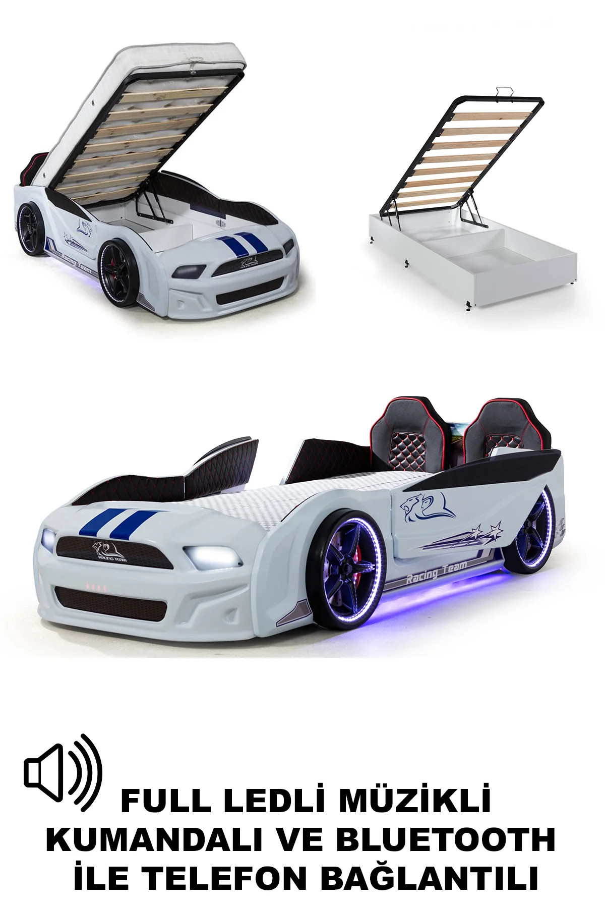 Bazalı Arabalı Yatak Kapıları Açılan Mustang Full Ledli Kumandalı ve Müzikli