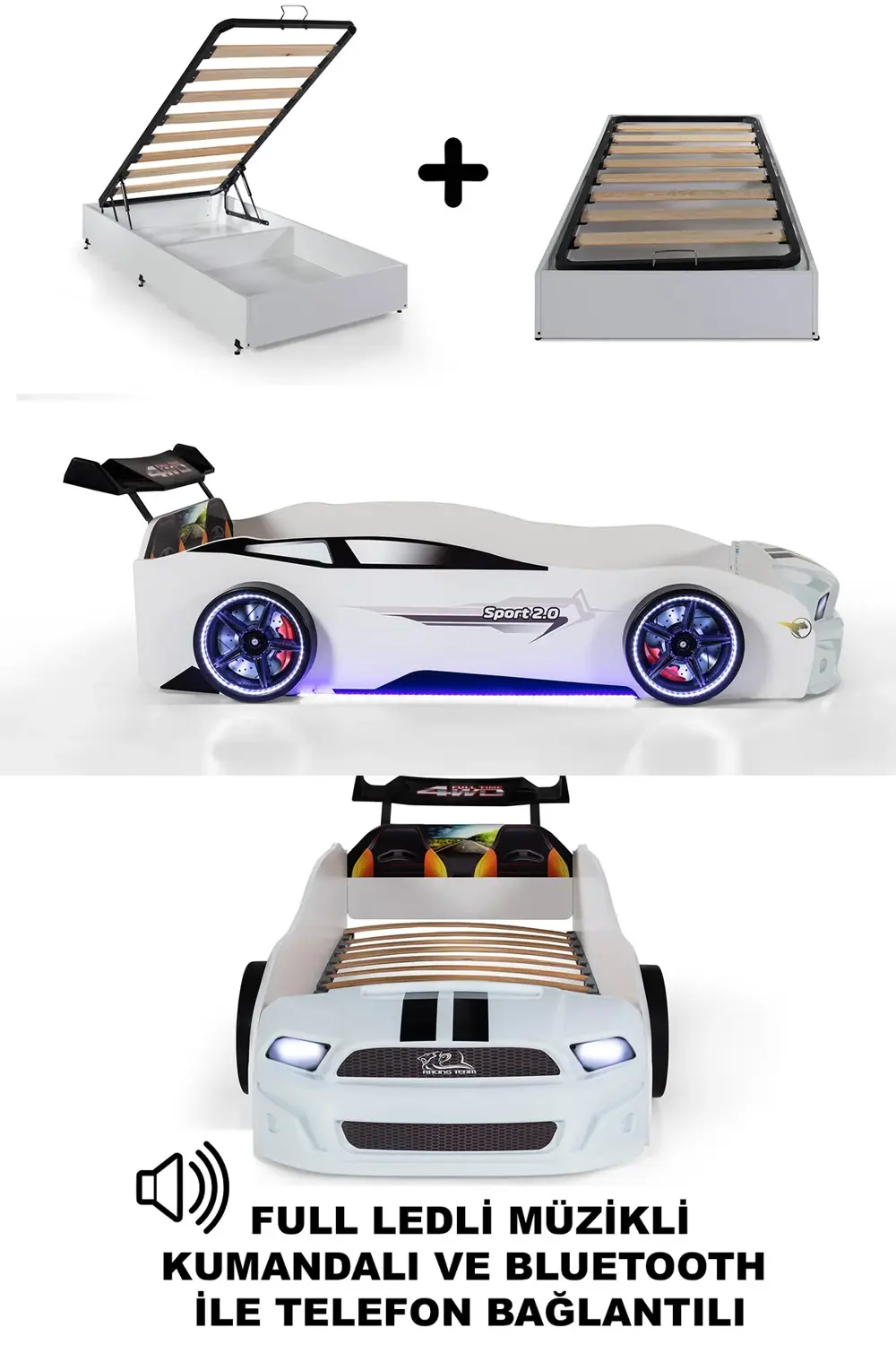 Bazalı Beyaz Arabalı Yatak Sport MST Full Ledli Kumandalı ve Müzi