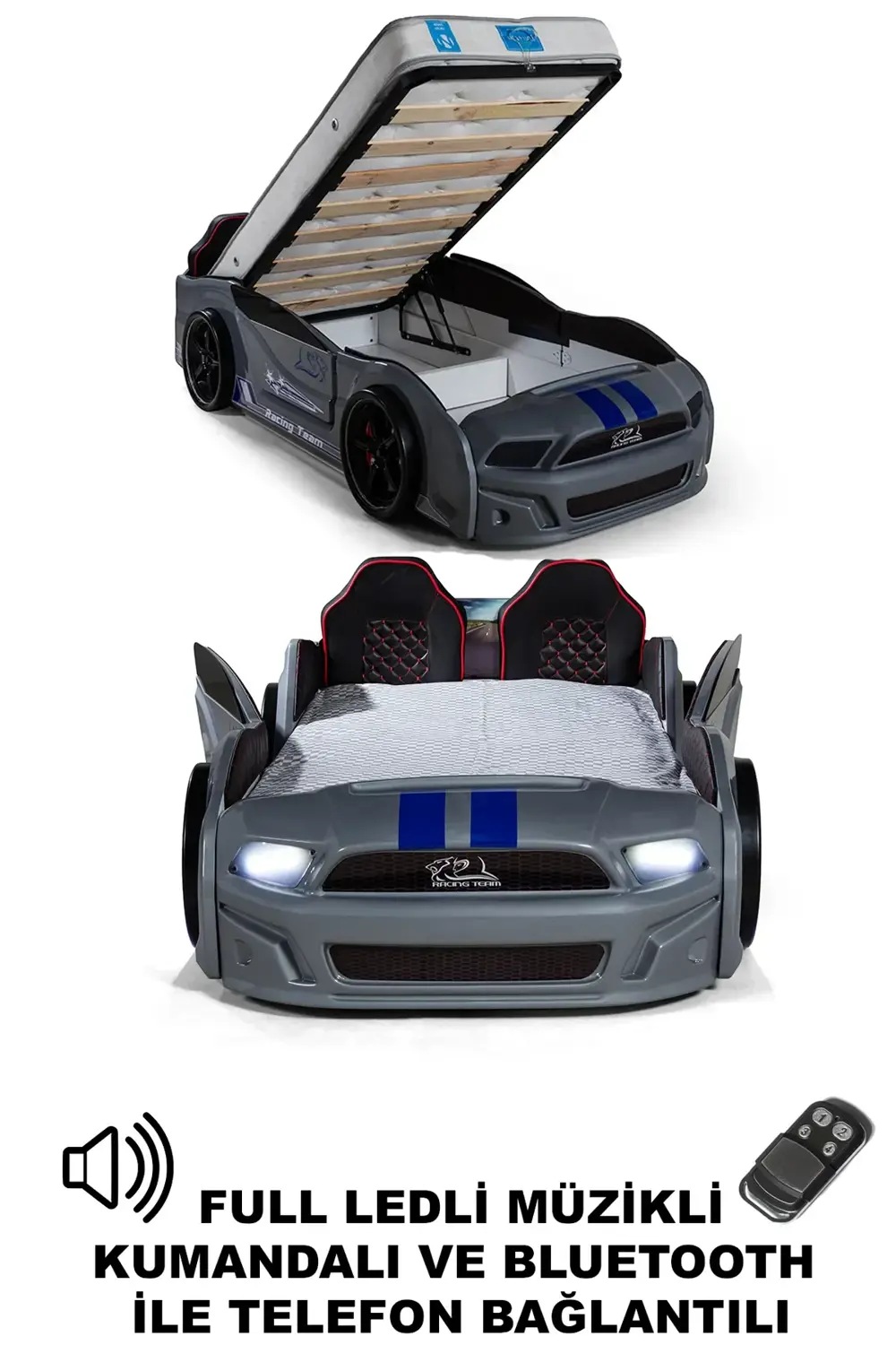 Bazalı Gri Arabalı Yatak Kapıları Açılan MST Full Ledli Kumandalı