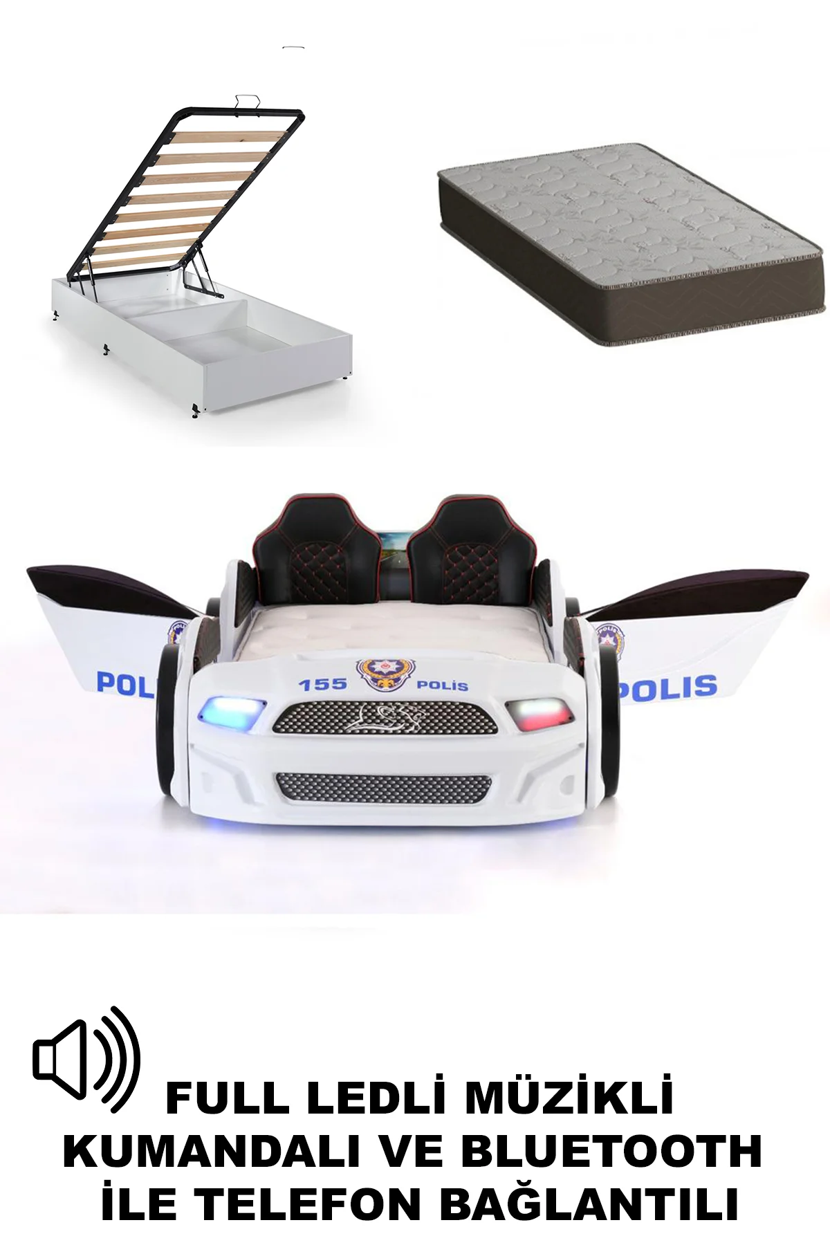 Bazalı Türk Polis Arabalı Yatak Kapıları Açılan Mst Full Ledli Kumandalı ve Müzikli+Ortopedik Yatak