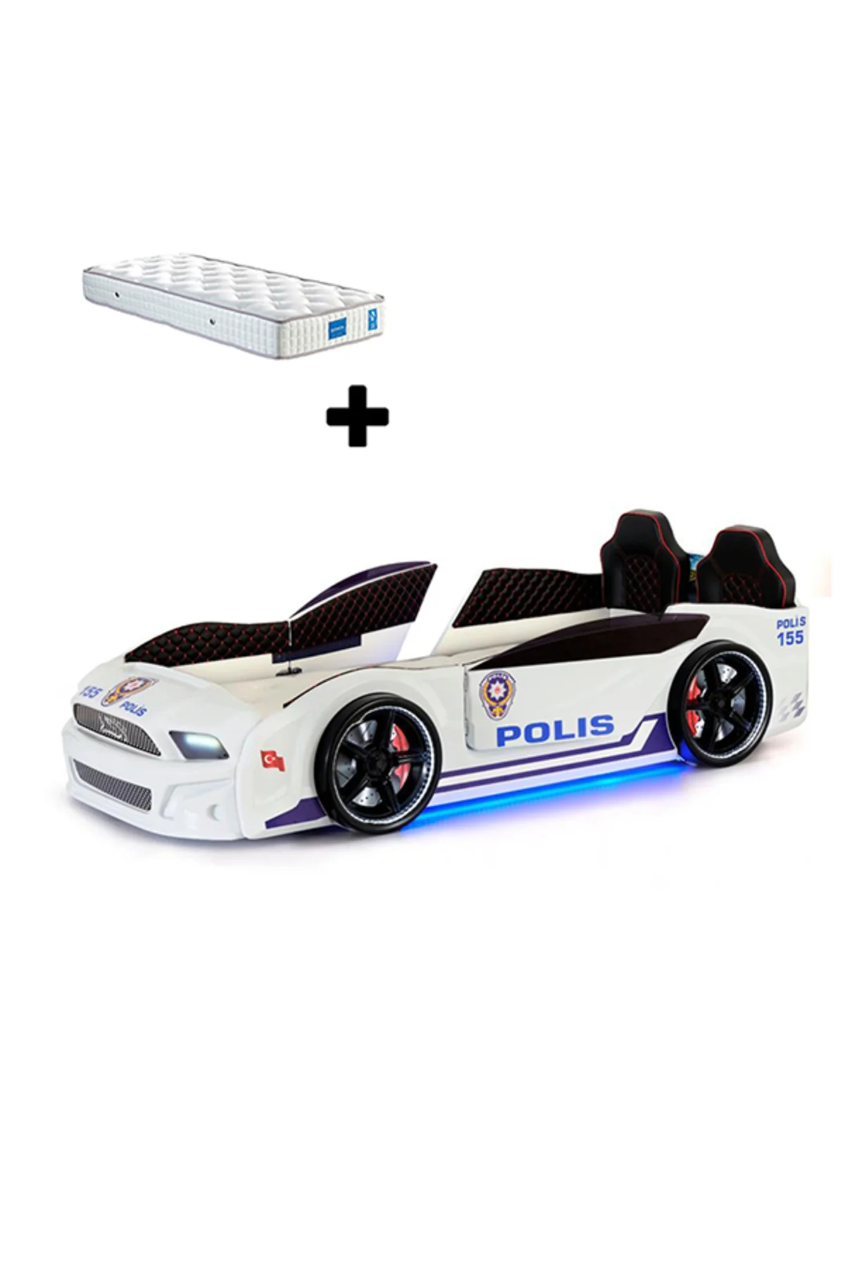 Bazalı Türk Polis Arabalı Yatak Kapıları Açılan Mst Full Ledli Kumandalı ve Müzikli+Ortopedik Yatak