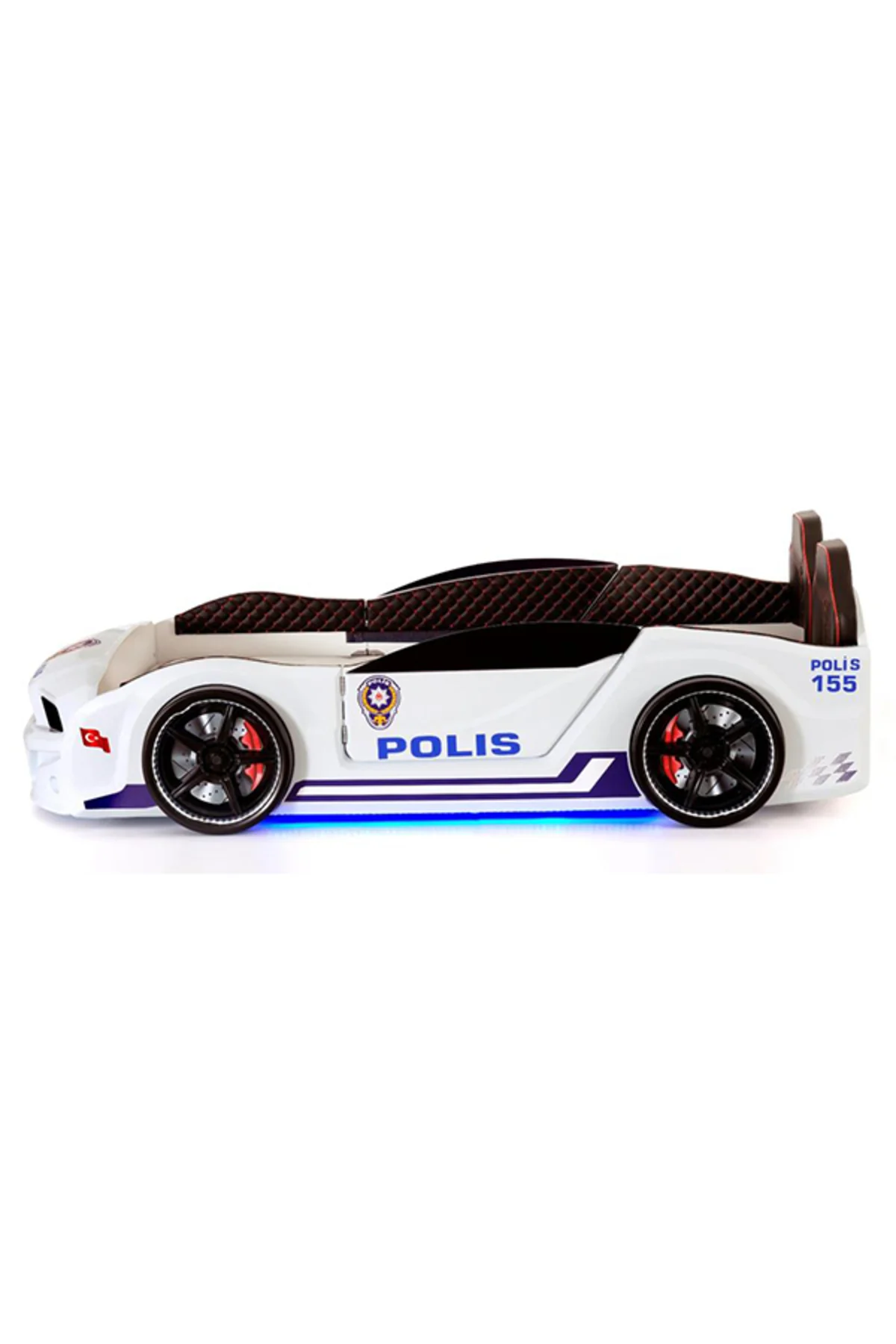 Bazalı Türk Polis Arabalı Yatak Kapıları Açılan Mst Full Ledli Kumandalı ve Müzikli+Ortopedik Yatak