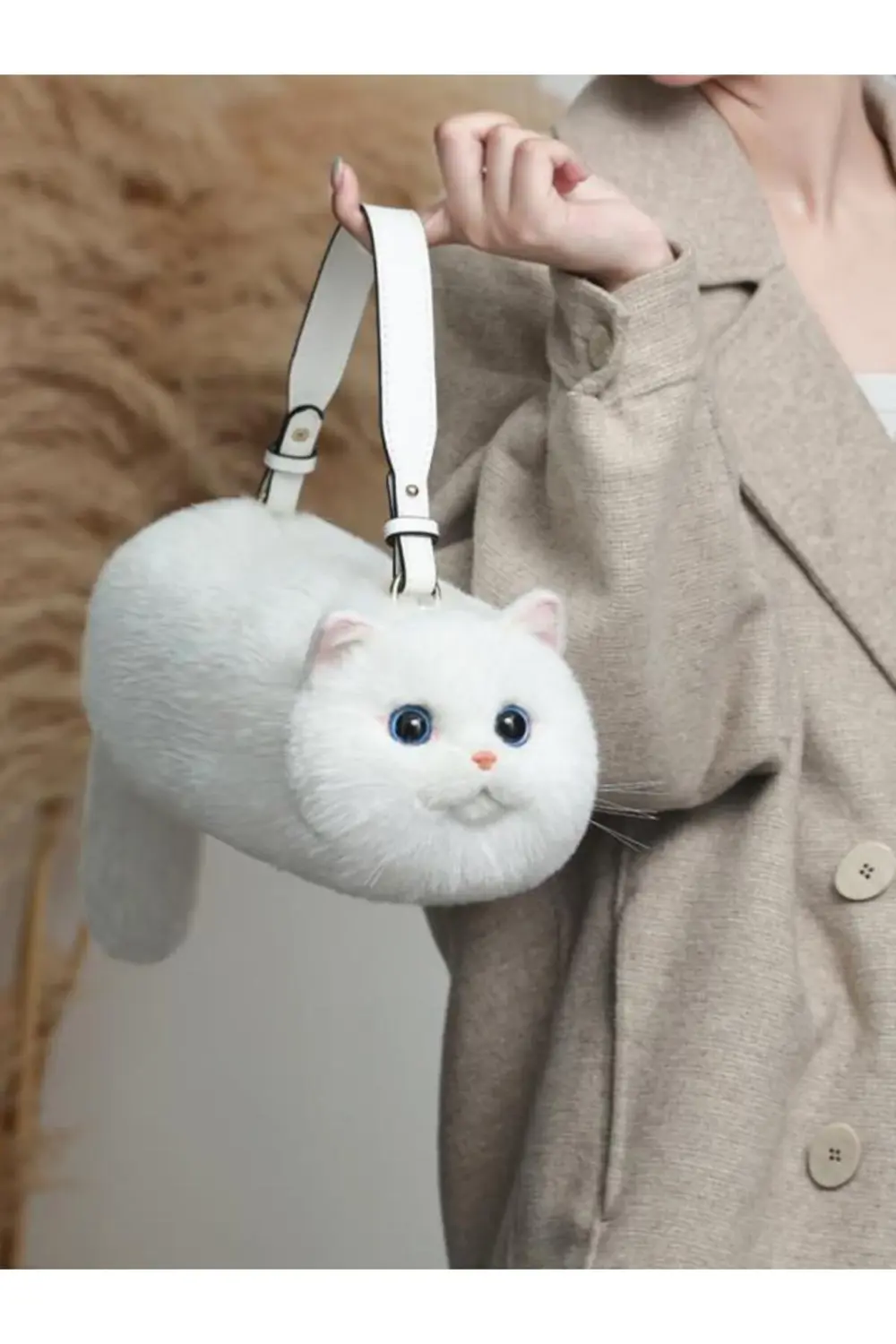 Bear & Deer Pelüş Kedi Şeklinde El Çantası – Beyaz - BD-CAT006