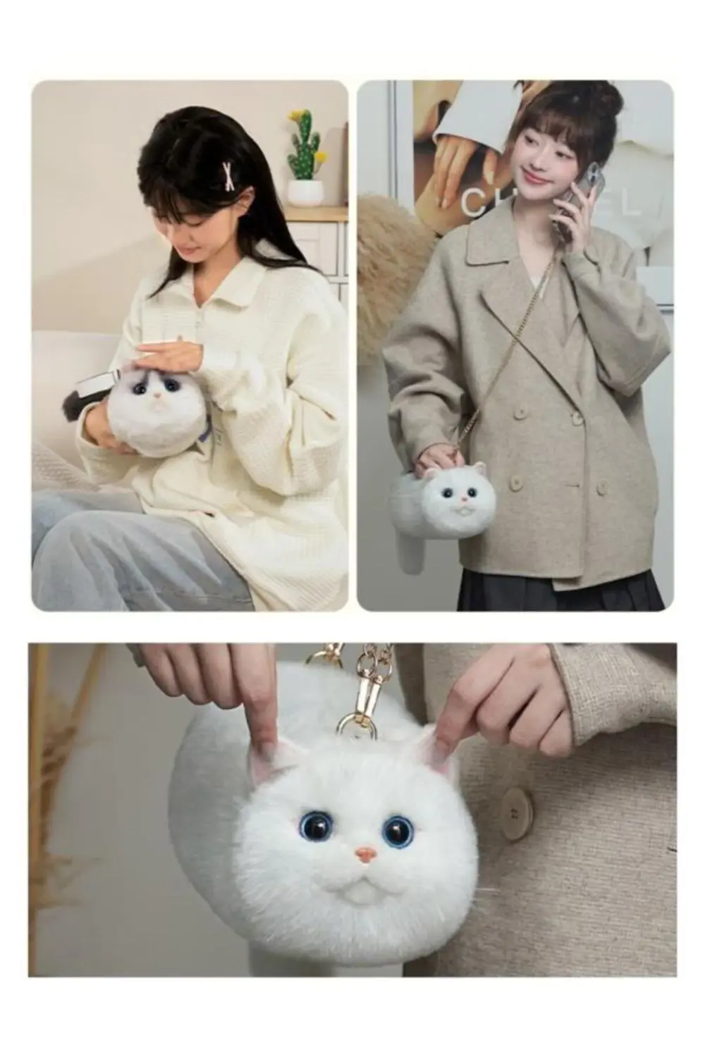 Bear & Deer Pelüş Kedi Şeklinde El Çantası – Beyaz - BD-CAT006