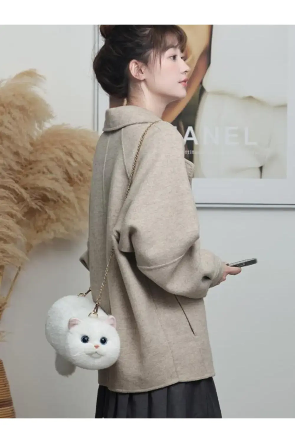 Bear & Deer Pelüş Kedi Şeklinde El Çantası – Beyaz - BD-CAT006