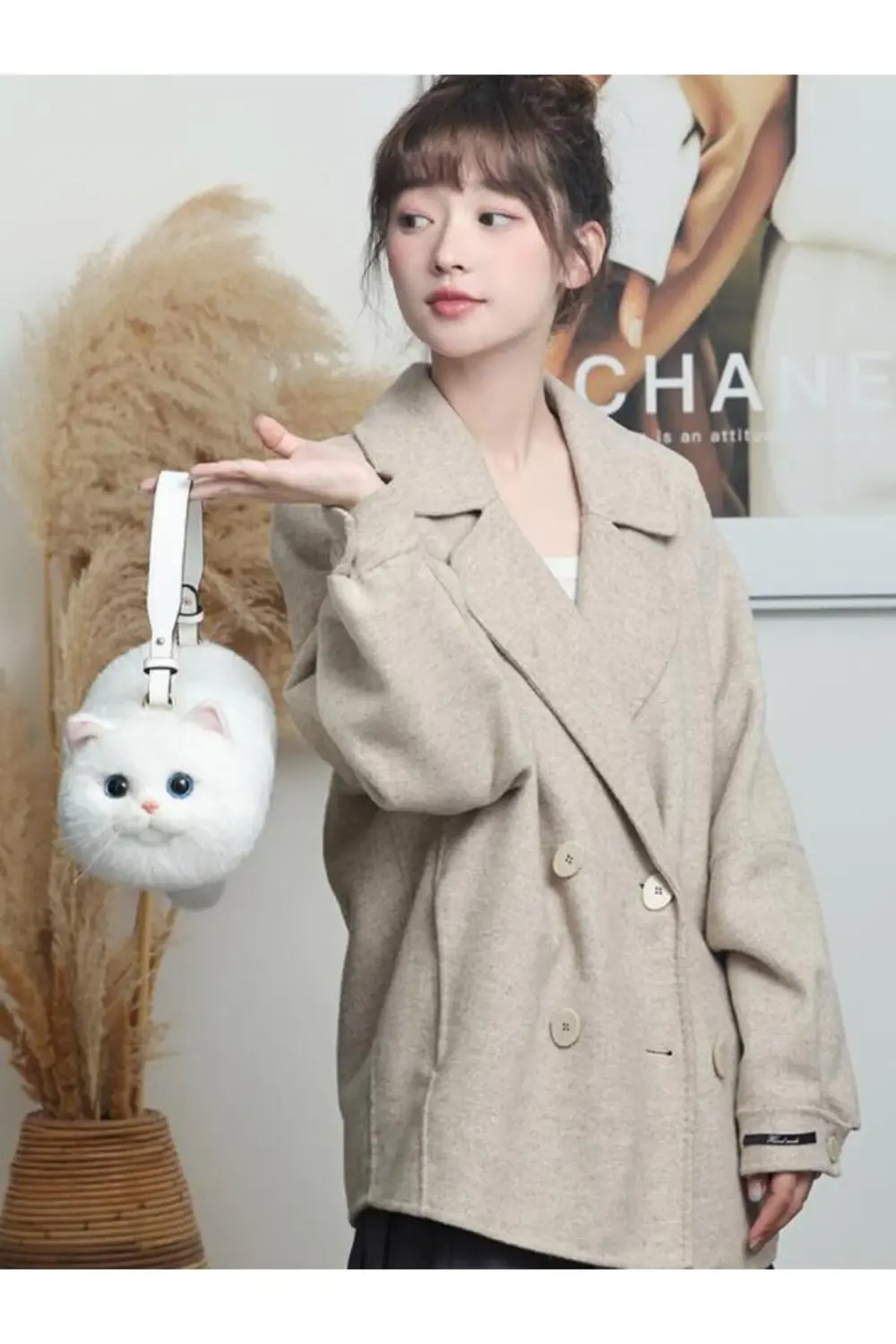 Bear & Deer Pelüş Kedi Şeklinde El Çantası – Beyaz - BD-CAT006