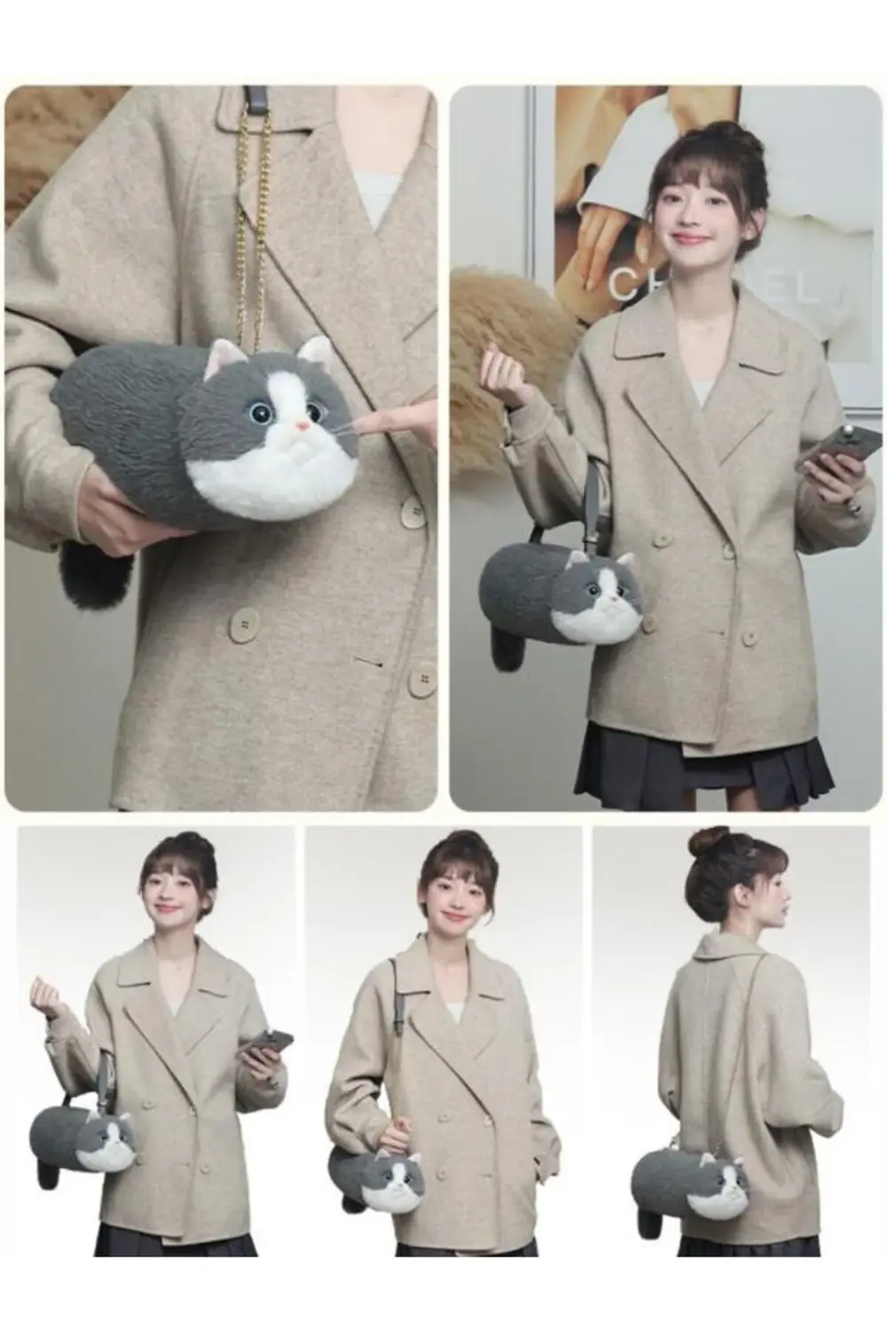 Bear & Deer Pelüş Kedi Şeklinde El Çantası – Gri - BD-CAT005