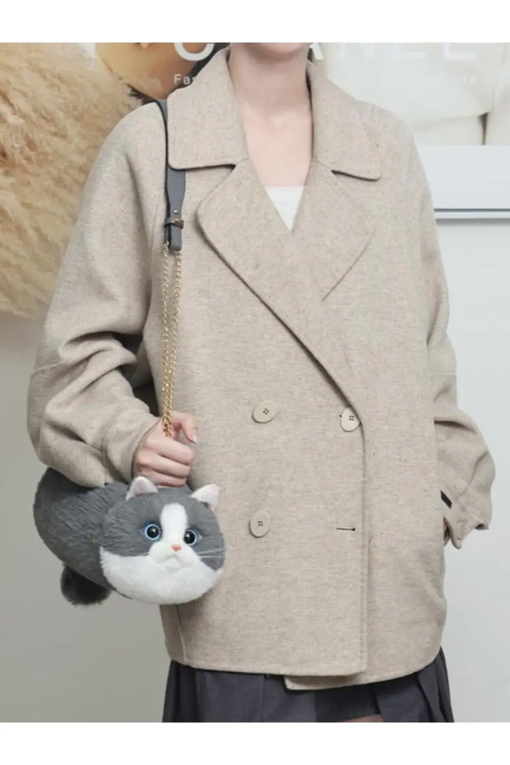 Bear & Deer Pelüş Kedi Şeklinde El Çantası – Gri - BD-CAT005