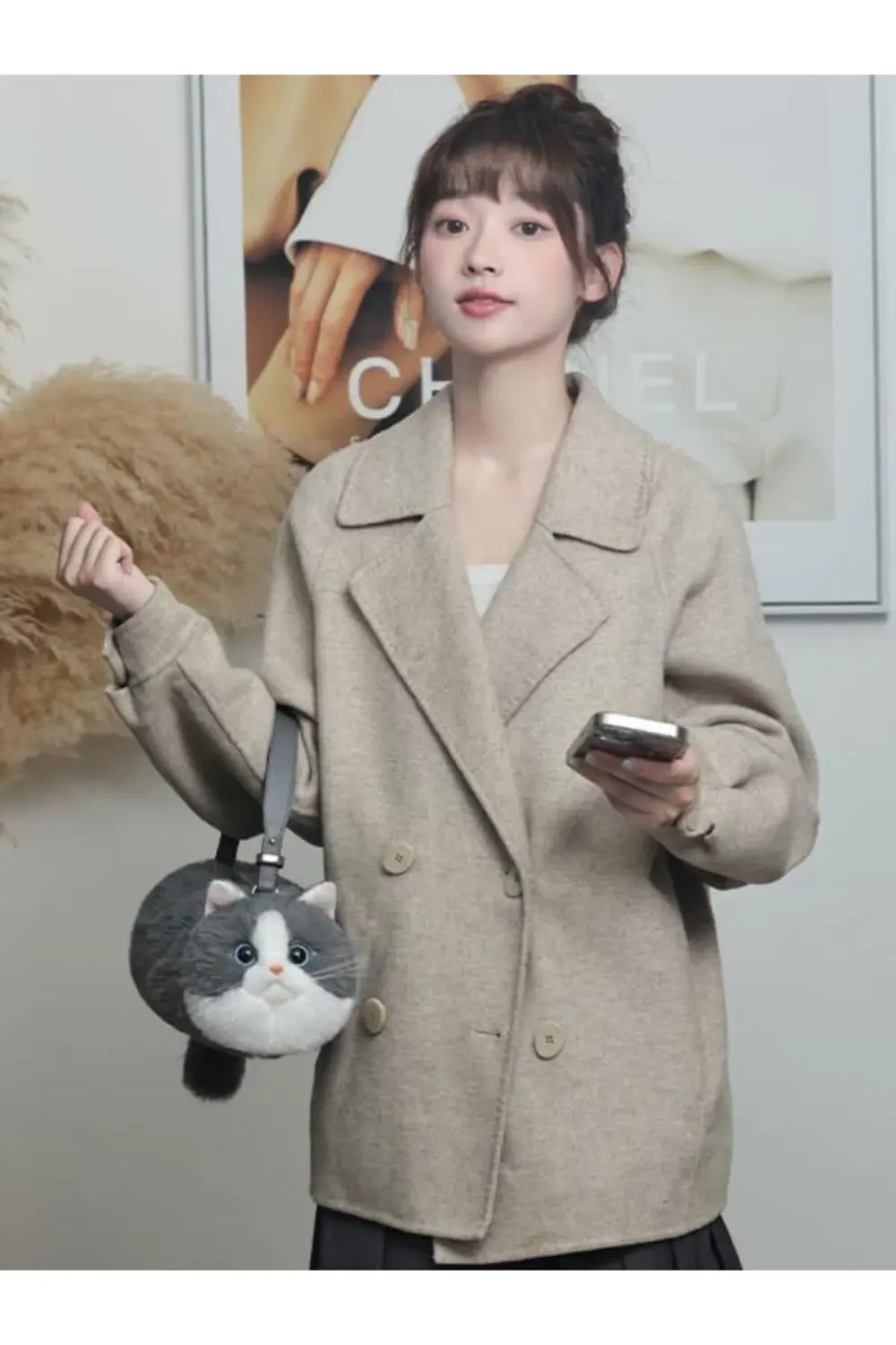 Bear & Deer Pelüş Kedi Şeklinde El Çantası – Gri - BD-CAT005