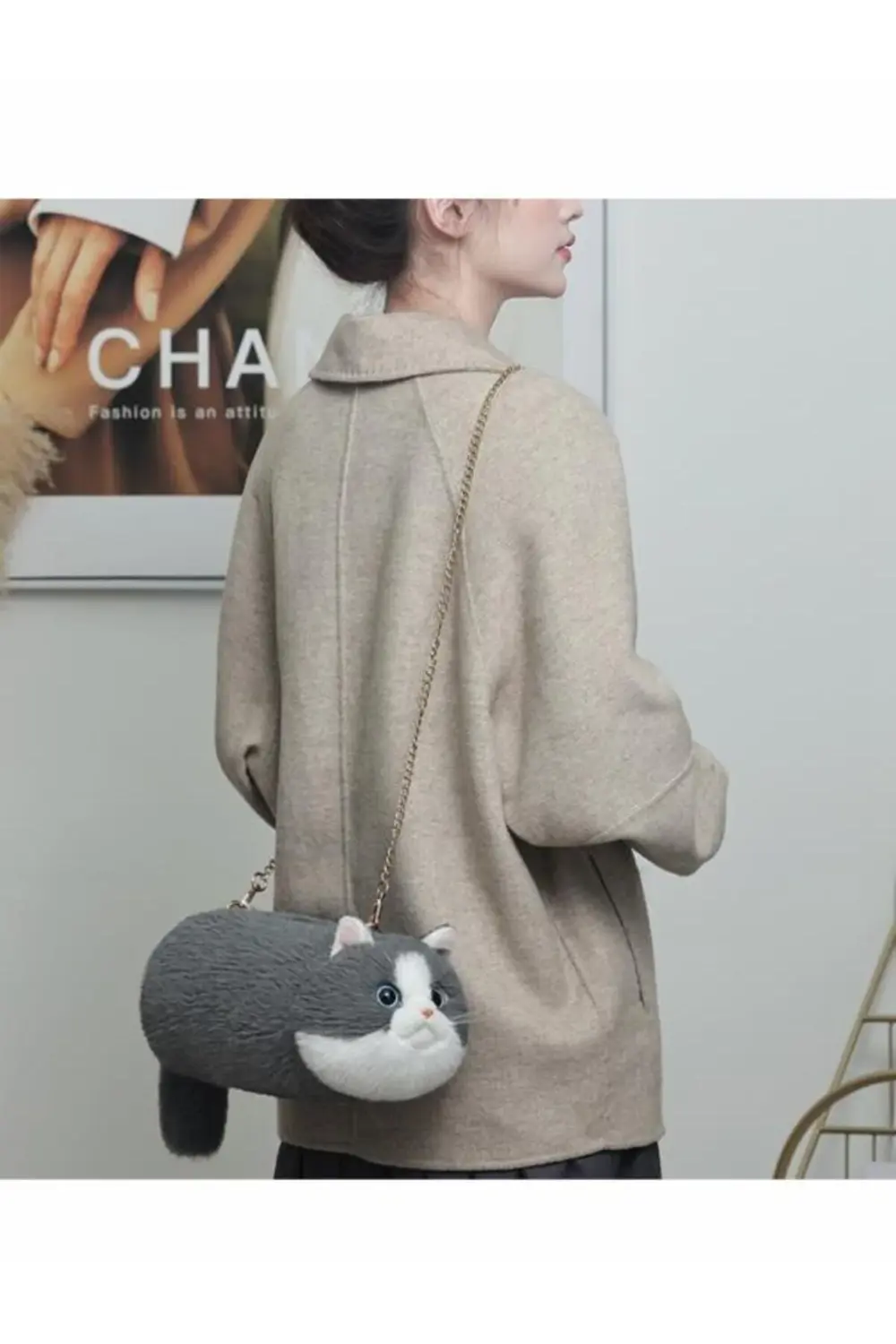 Bear & Deer Pelüş Kedi Şeklinde El Çantası – Gri - BD-CAT005