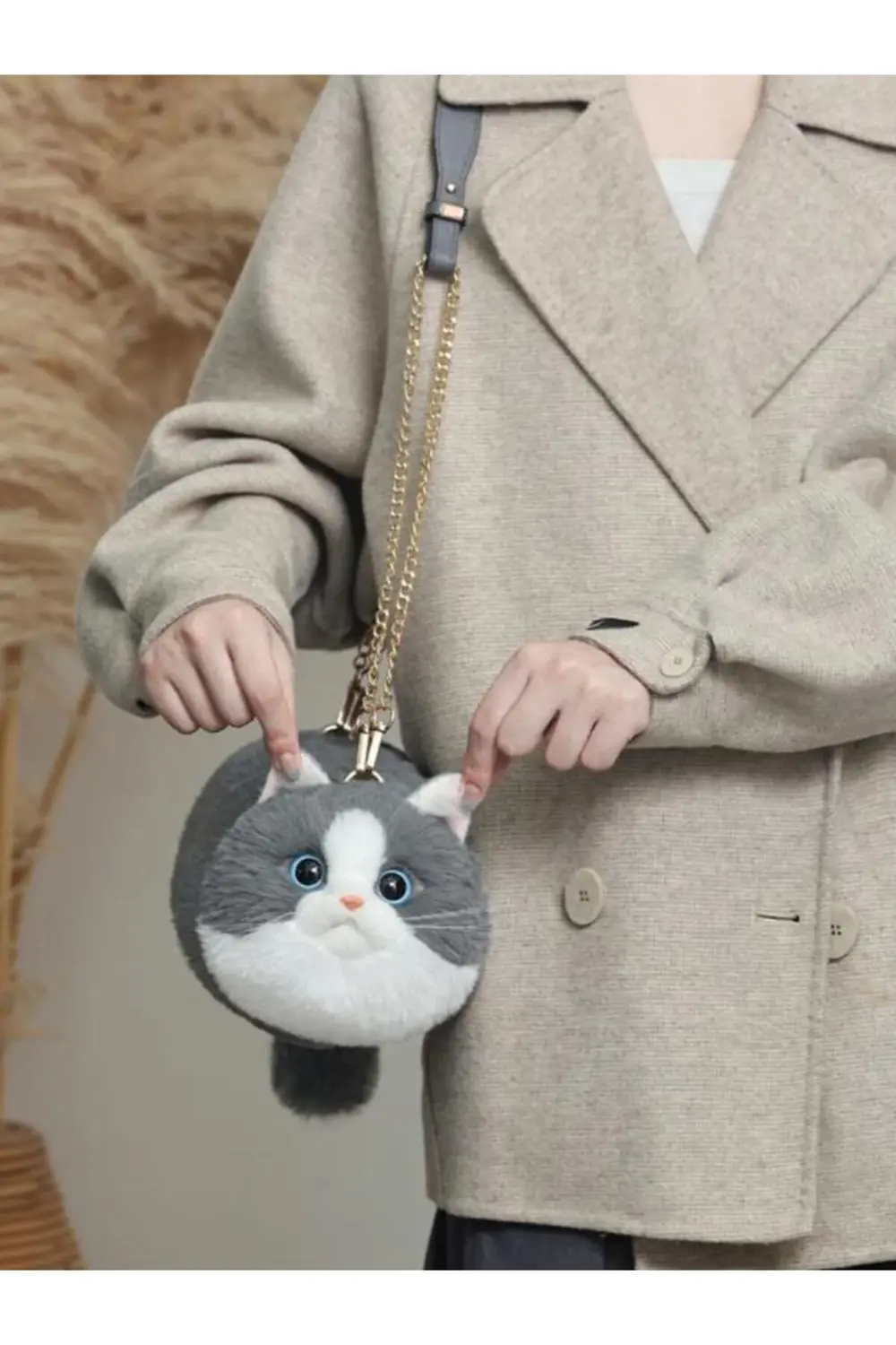 Bear & Deer Pelüş Kedi Şeklinde El Çantası – Gri - BD-CAT005