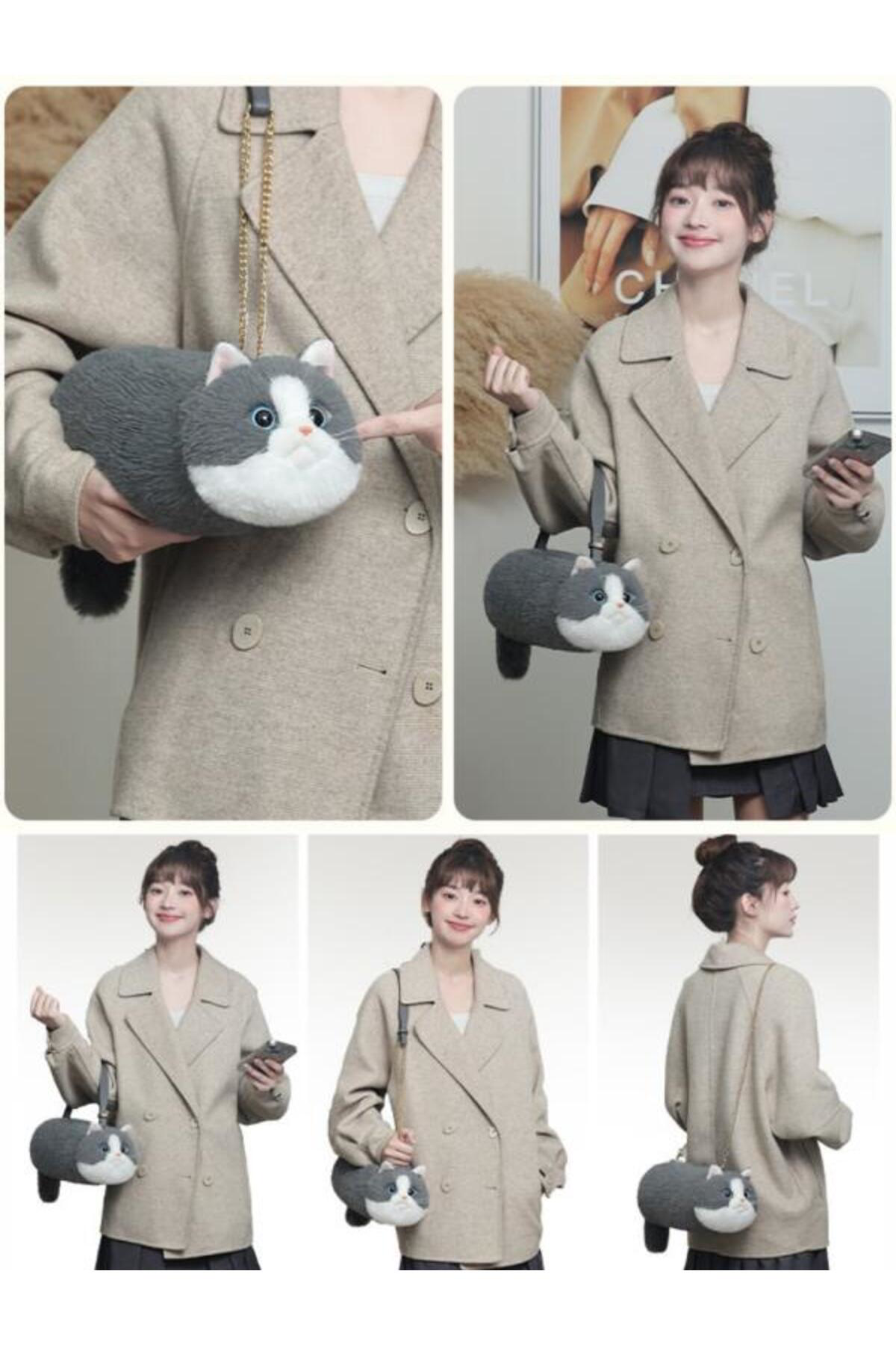 Bear&Dear Bear & Deer Pelüş Kedi Şeklinde El Çantası – Gri - Bd-Cat005