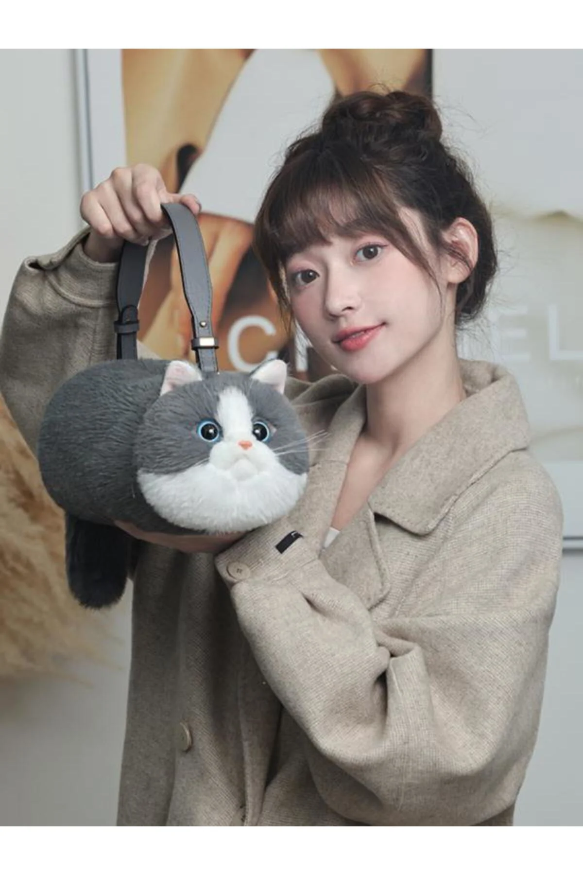 Bear & Deer Pelüş Kedi Şeklinde El Çantası – Gri - BD-CAT005
