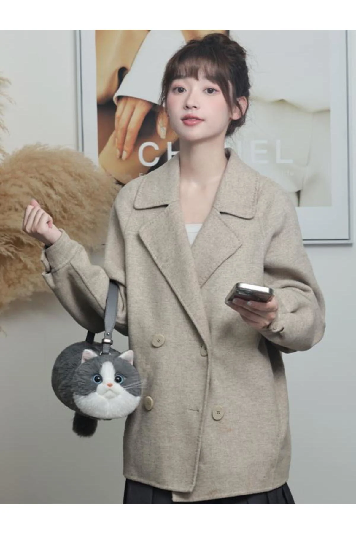 Bear & Deer Pelüş Kedi Şeklinde El Çantası – Gri - BD-CAT005