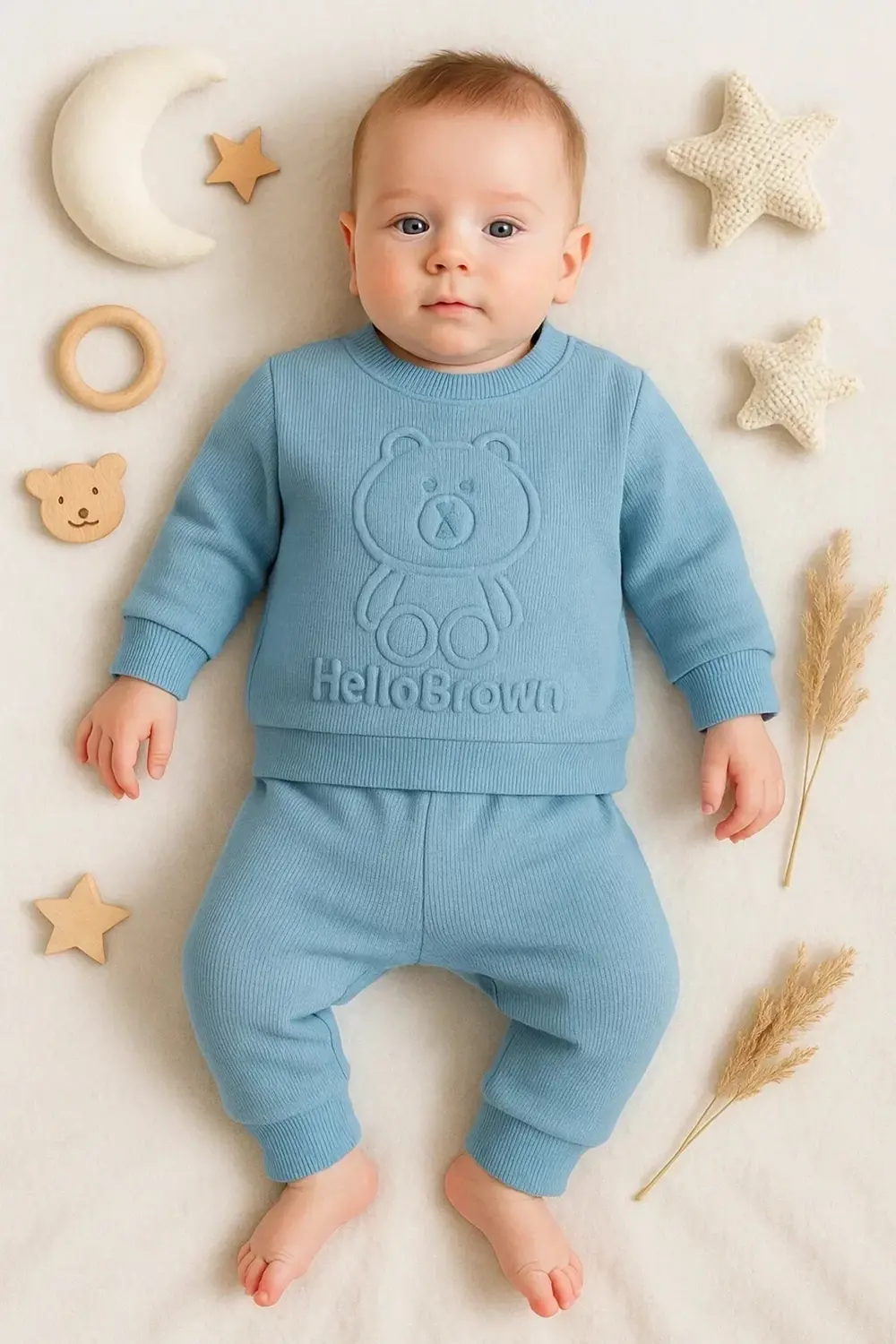 Bear Gofre Kabartmalı 2'li Erkek Bebek Takımı