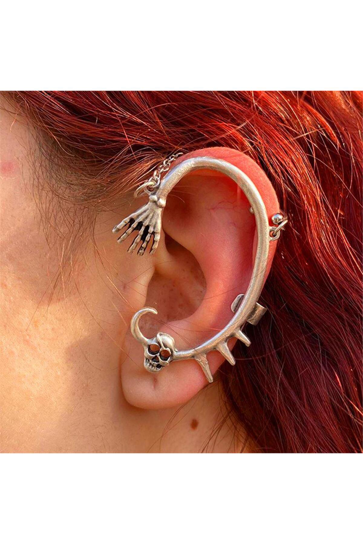 Beast Skull And Hand Zincirli Sarmal Sol Kulak Küpe