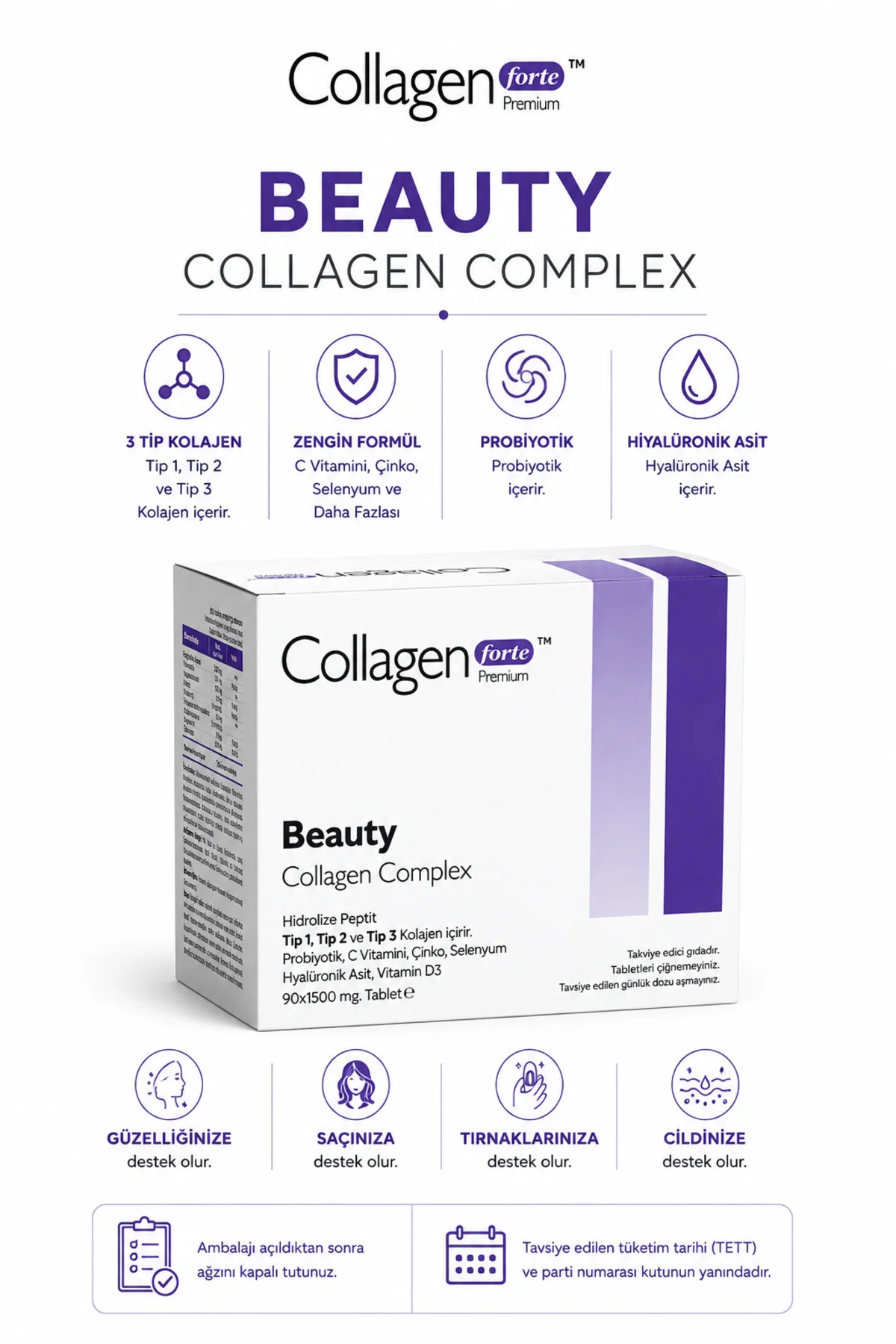 Beauty Collagen, Probiyotik & Multivitamin 1500mg X 90 Tablet Fiyatı, Yorumları ve Özellikleri