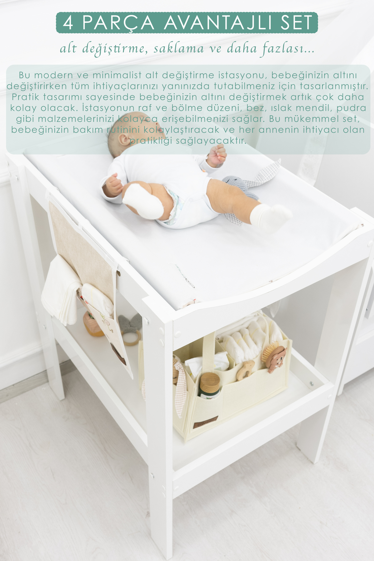 Mordesign Bebek; 4'Lü Avantajlı Set, Bebek Alt Değiştirme Masası, Pedi, Bağ