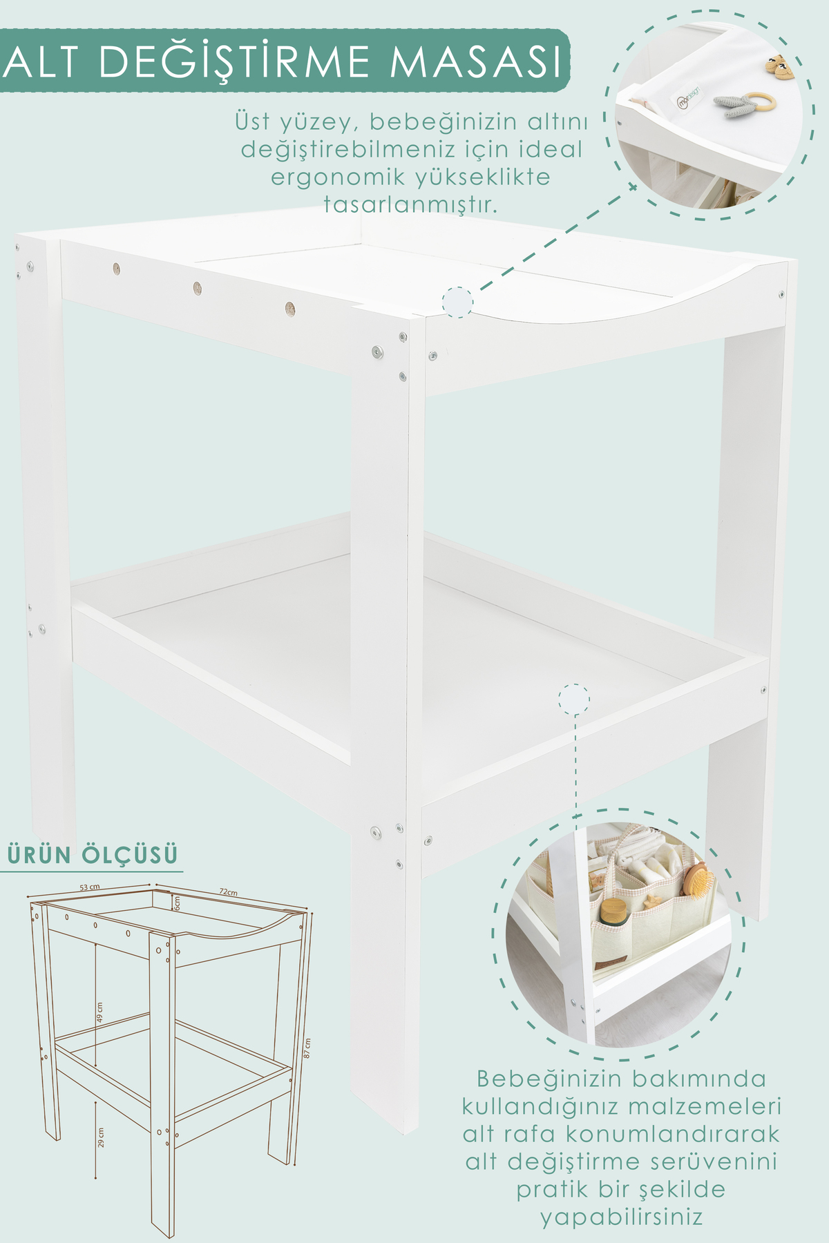 Mordesign Bebek; 4'Lü Avantajlı Set, Bebek Alt Değiştirme Masası, Pedi, Bağ