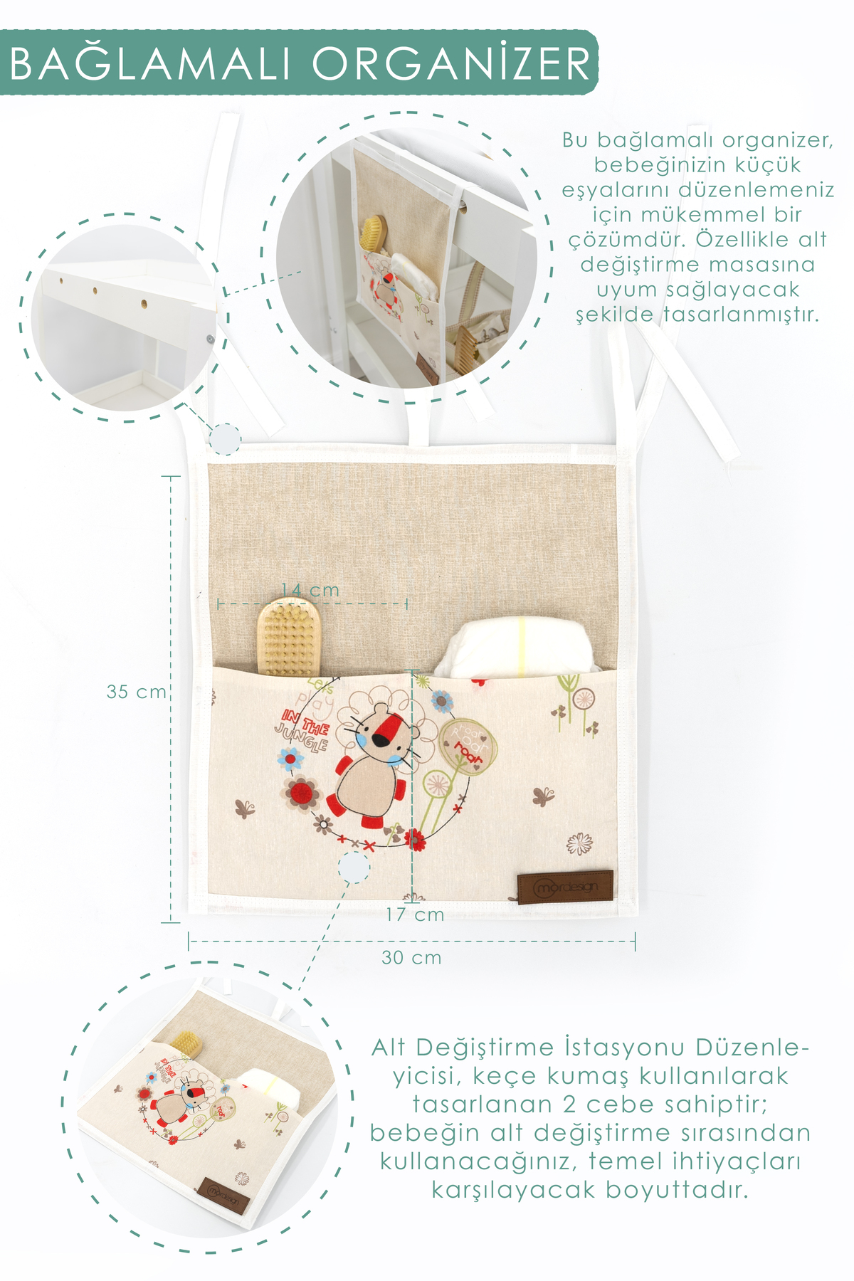 Mordesign Bebek; 4'Lü Avantajlı Set, Bebek Alt Değiştirme Masası, Pedi, Bağ