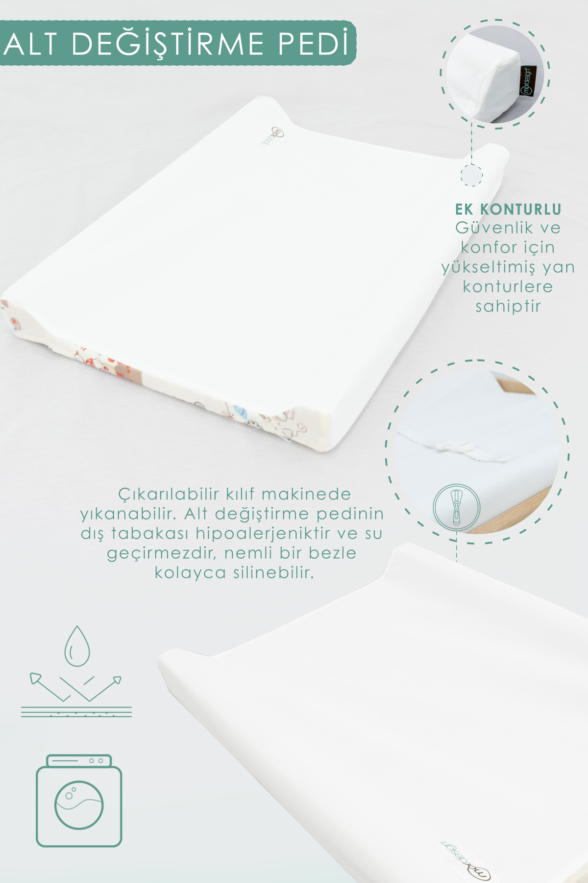 Mordesign Bebek; 4'Lü Avantajlı Set, Bebek Alt Değiştirme Masası, Pedi, Bağ