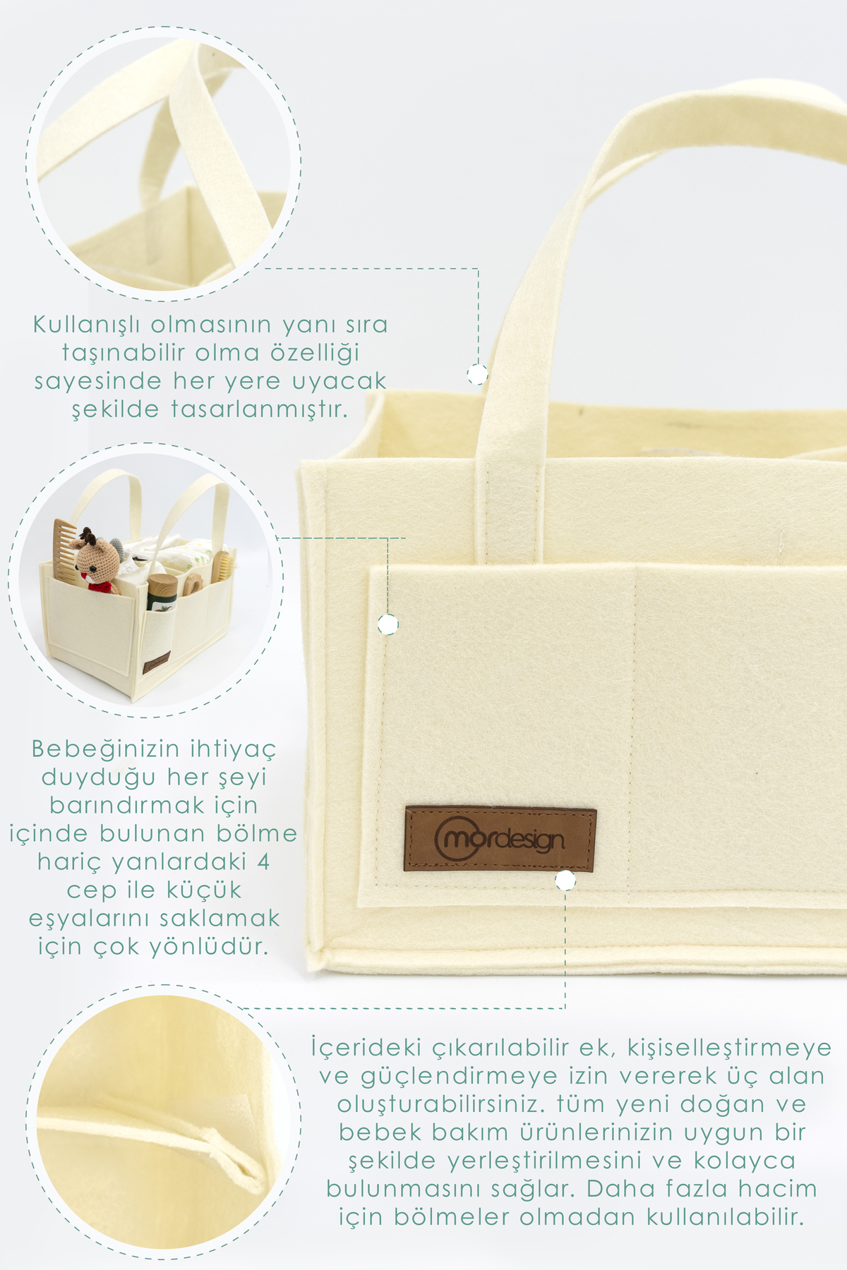 Mordesign Bebek; 4'Lü Avantajlı Set, Bebek Alt Değiştirme Masası, Pedi, Bağ