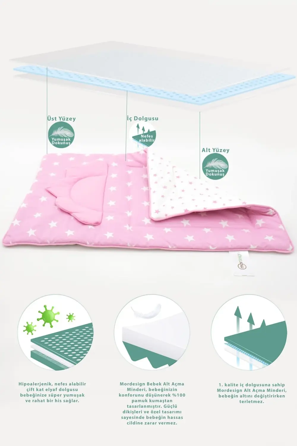 Bebek Alt Açma Minderi, Yıkanabilir, Elyaf Dolgulu Alt Değiştirme