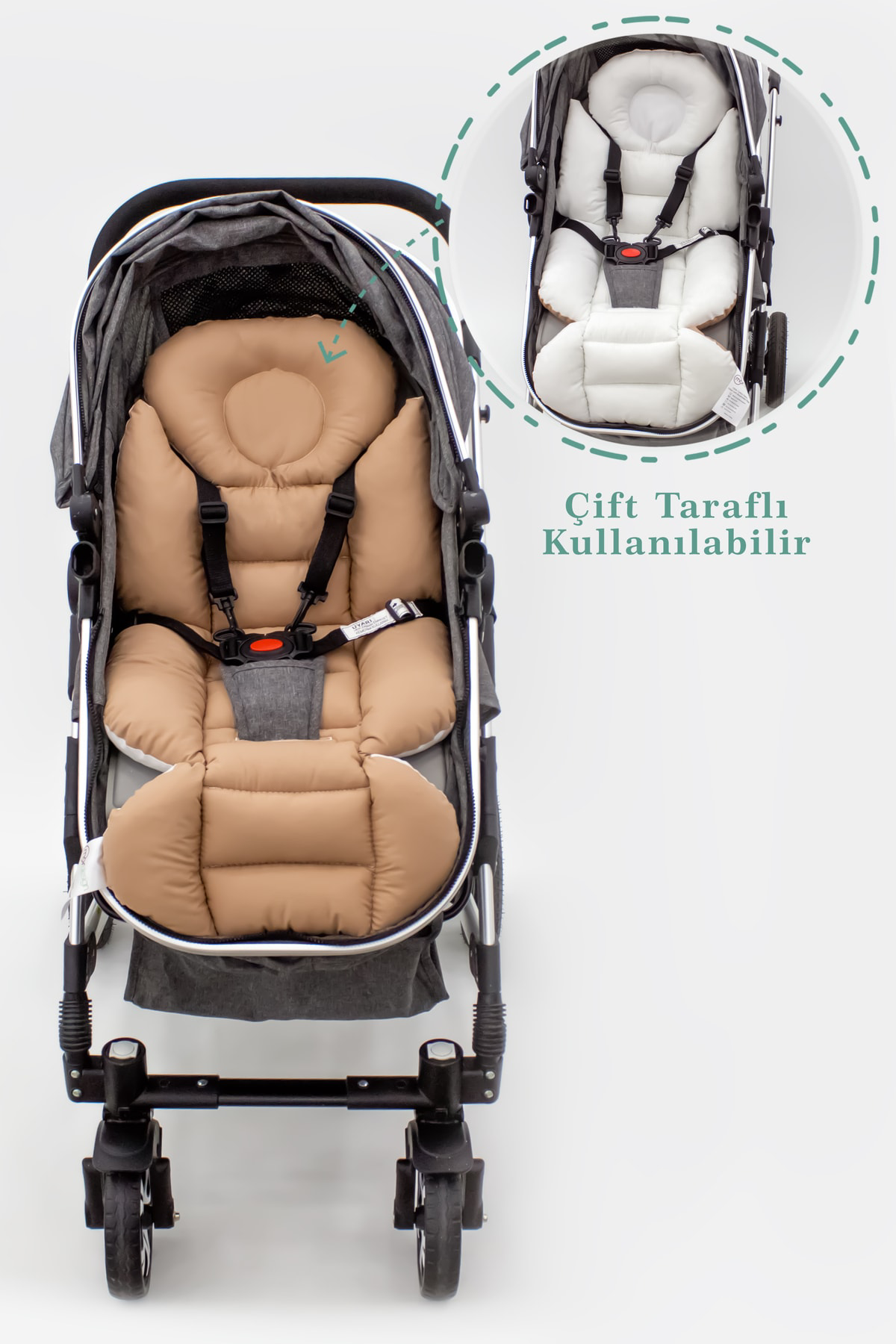 Mordesign Bebek Arabası Minderi, Bel Destekli, Plain Desen, Çift Taraflı, K