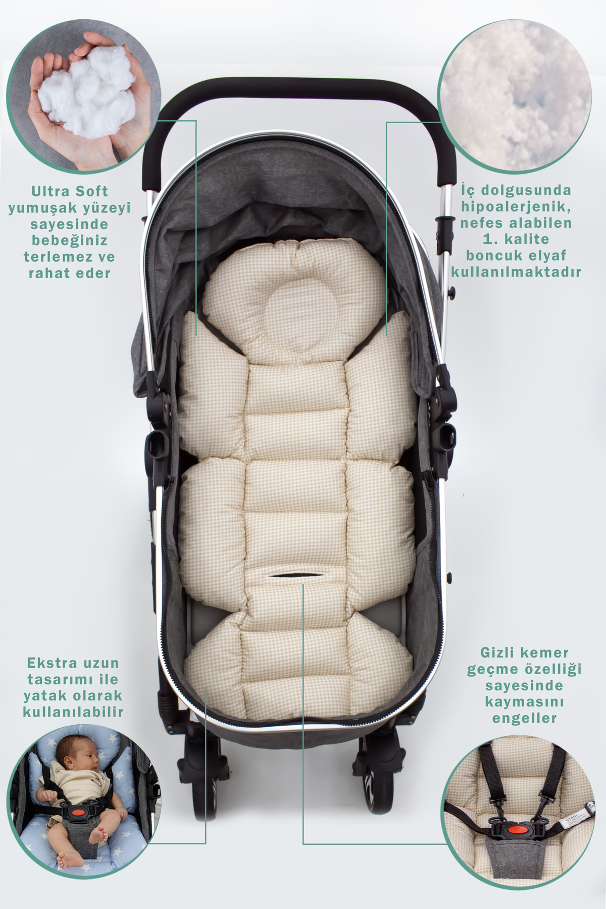 Mordesign Bebek Arabası Minderi, Bel Destekli, Ekose Desen, Çift Taraflı, K