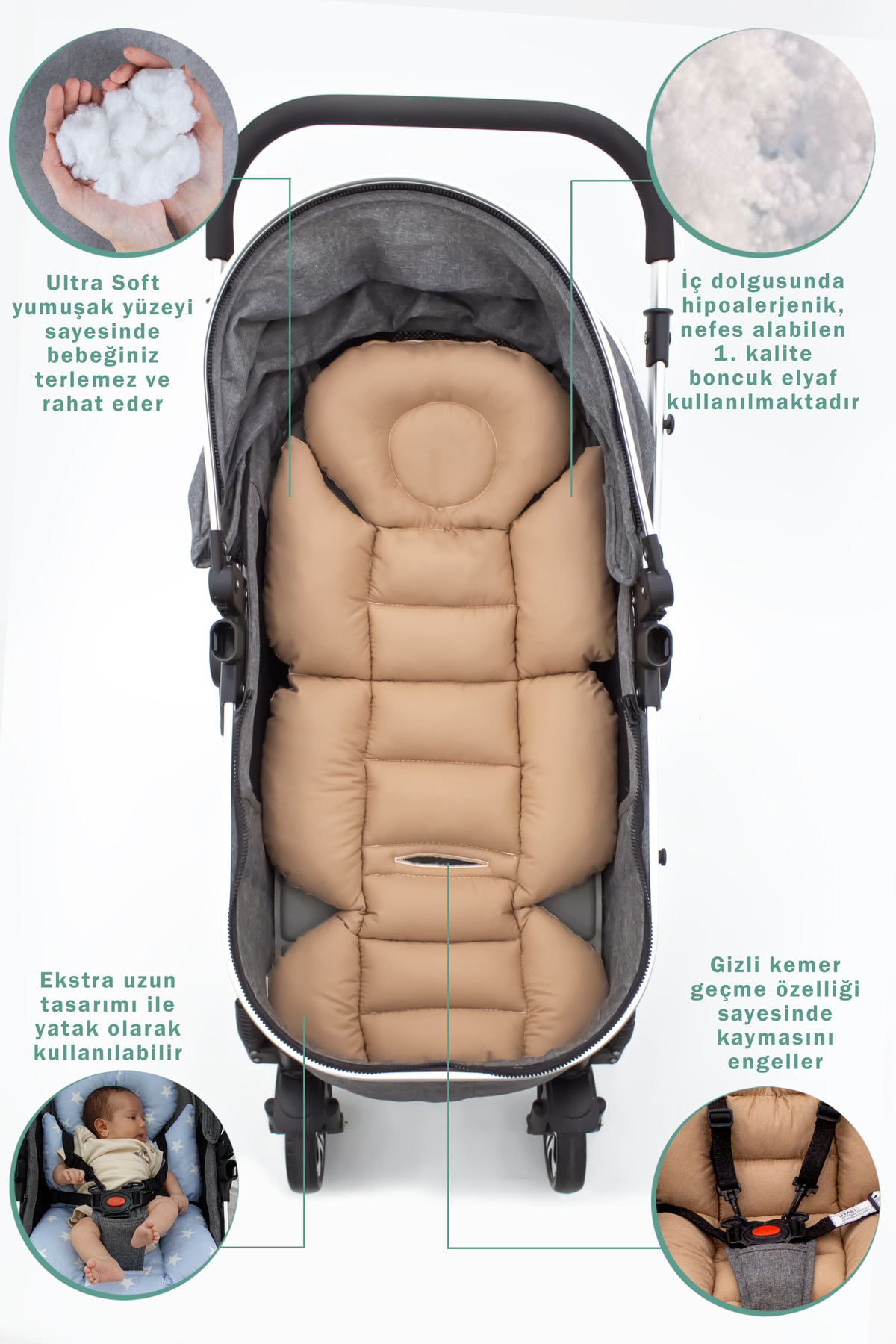 Mordesign Bebek Arabası Minderi, Bel Destekli, Plain Desen, Çift Taraflı, K