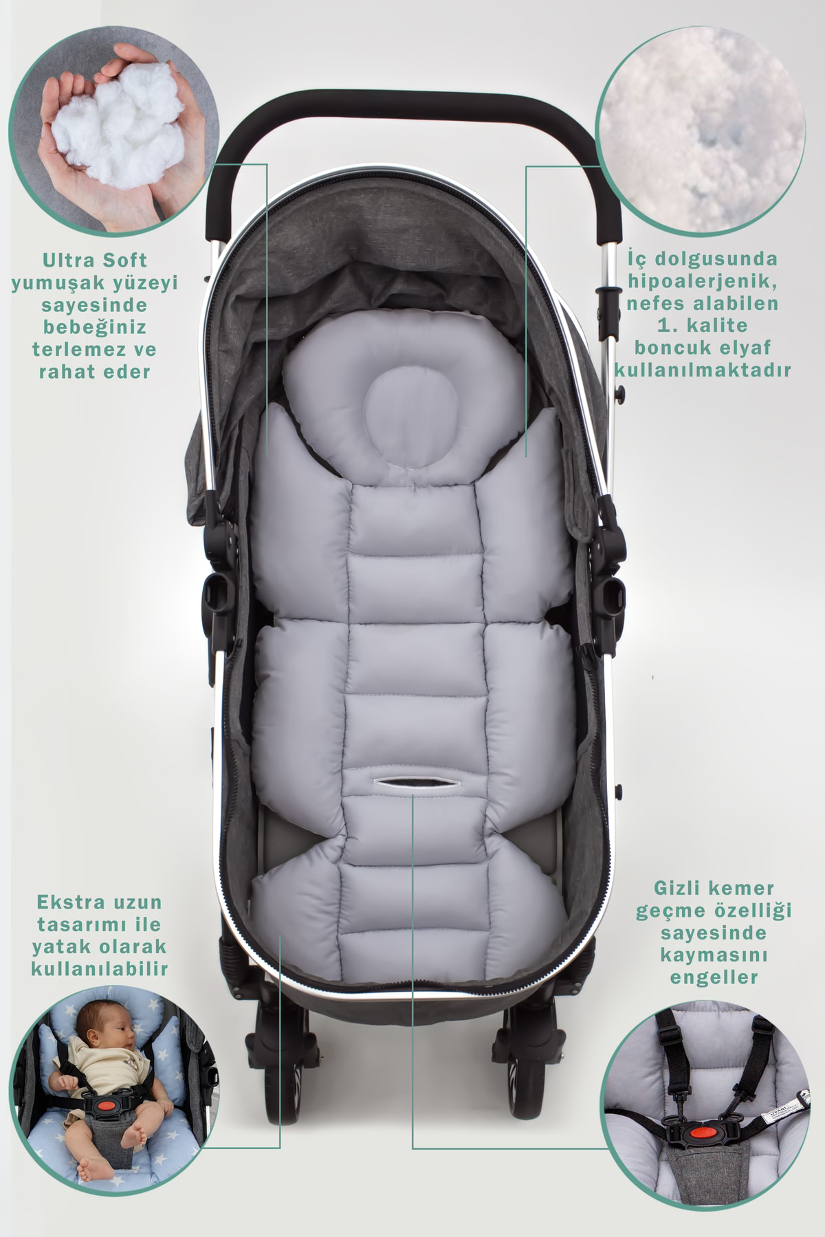 Mordesign Bebek Arabası Minderi, Bel Destekli, Plain Desen, Çift Taraflı, G