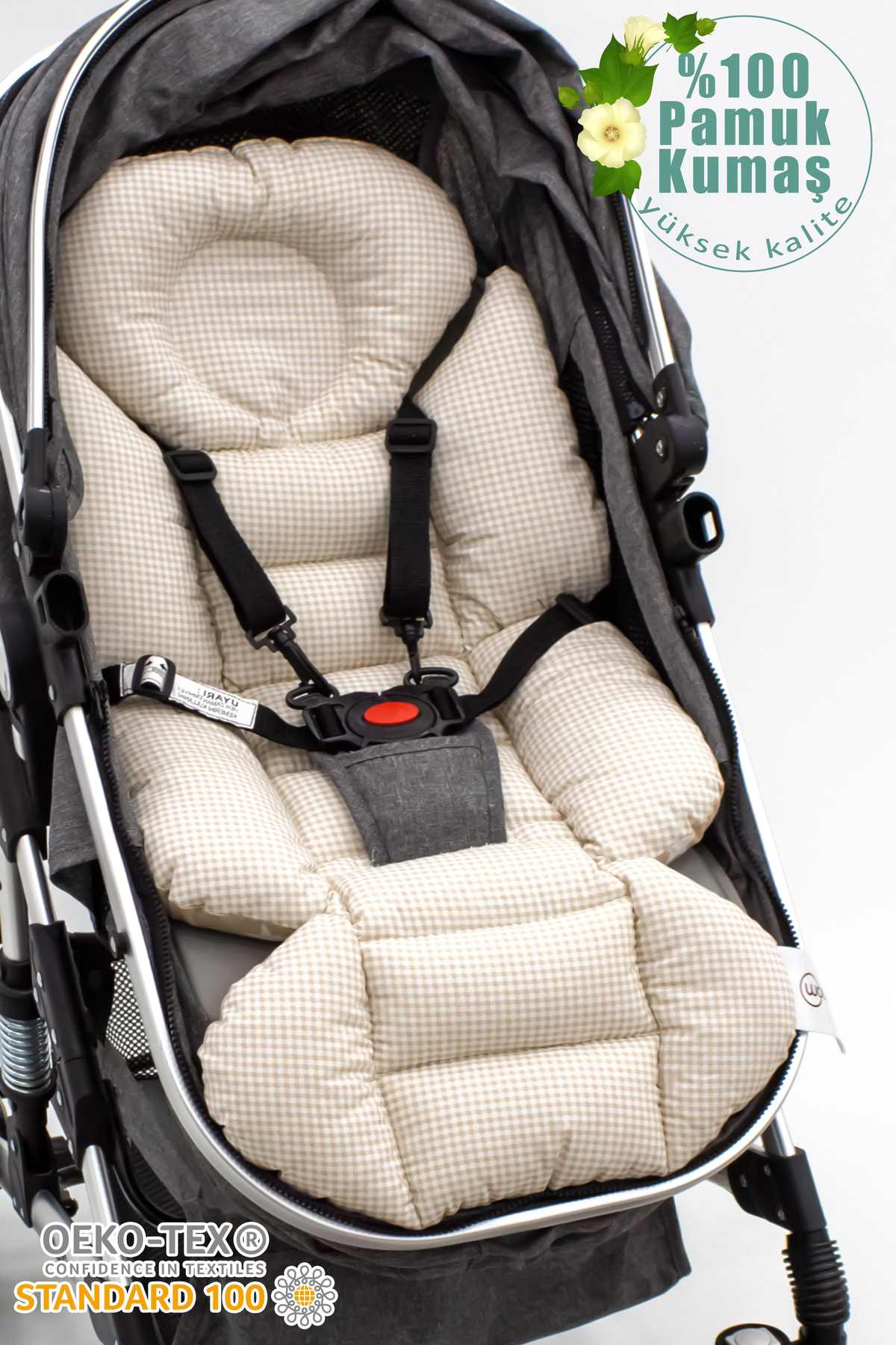 Mordesign Bebek Arabası Minderi, Bel Destekli, Ekose Desen, Çift Taraflı, K