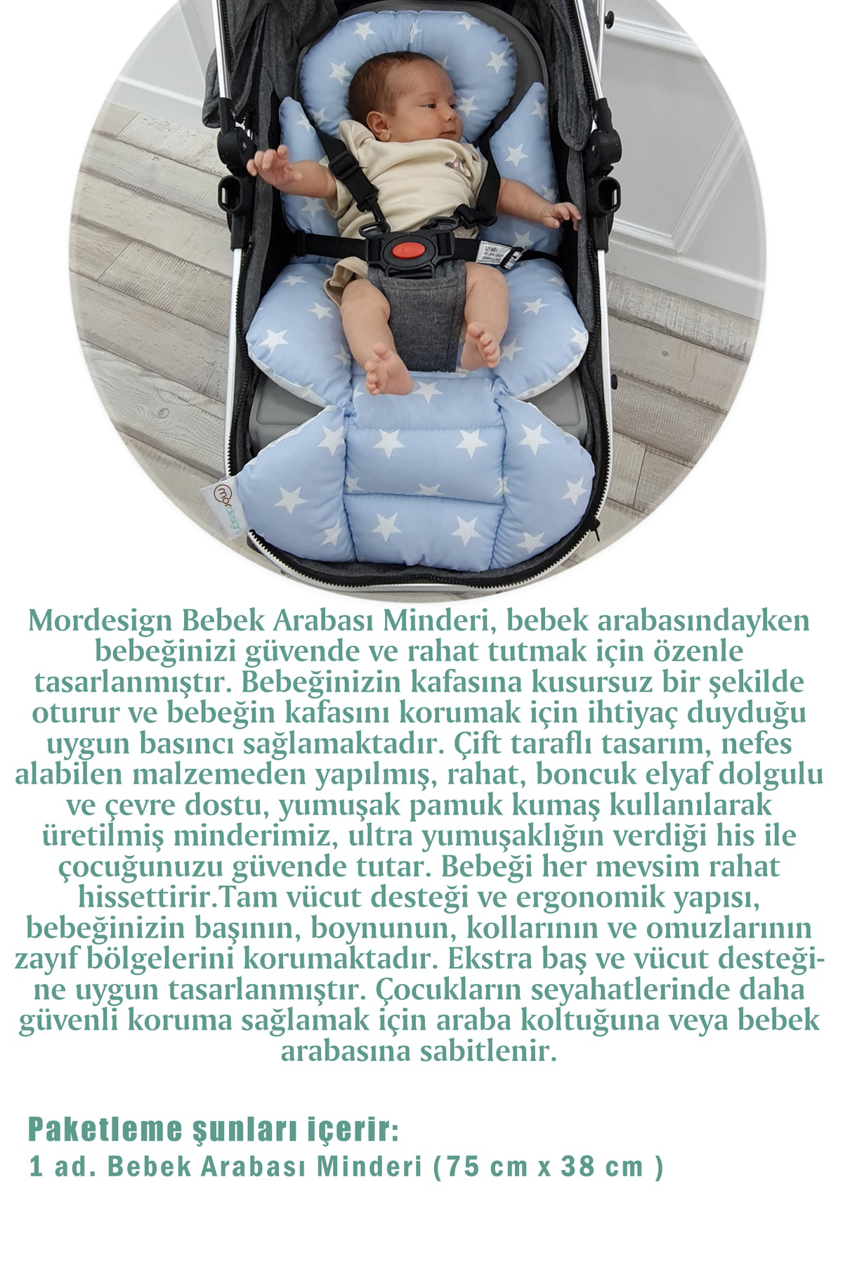 Mordesign Bebek Arabası Minderi, Bel Destekli, Plain Desen, Çift Taraflı, K